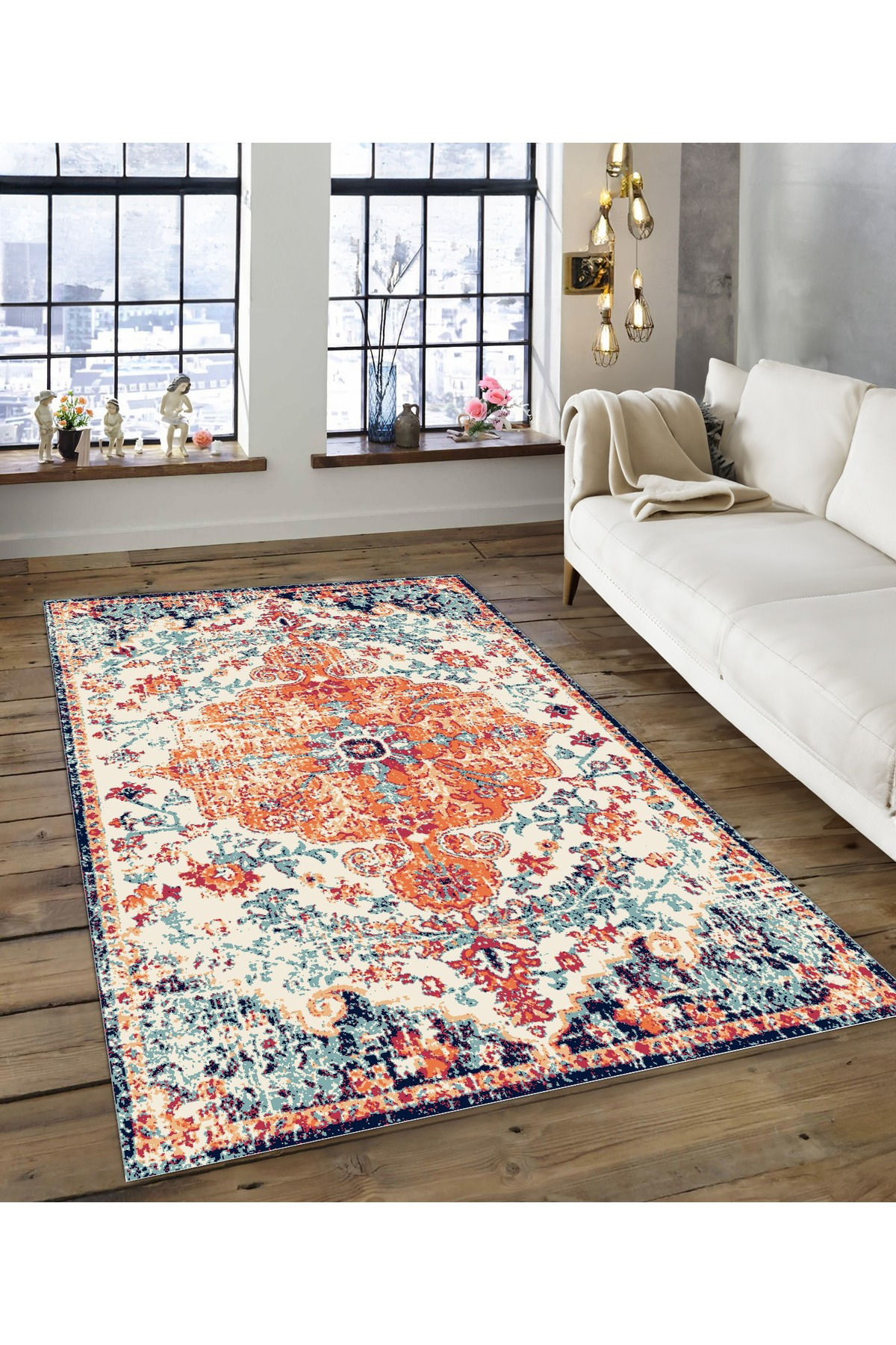 Shine M(174) Turuncu Saçaksız Kaymaz Tabanlı Dijital Baskılı Dekoratif Halı 150X220