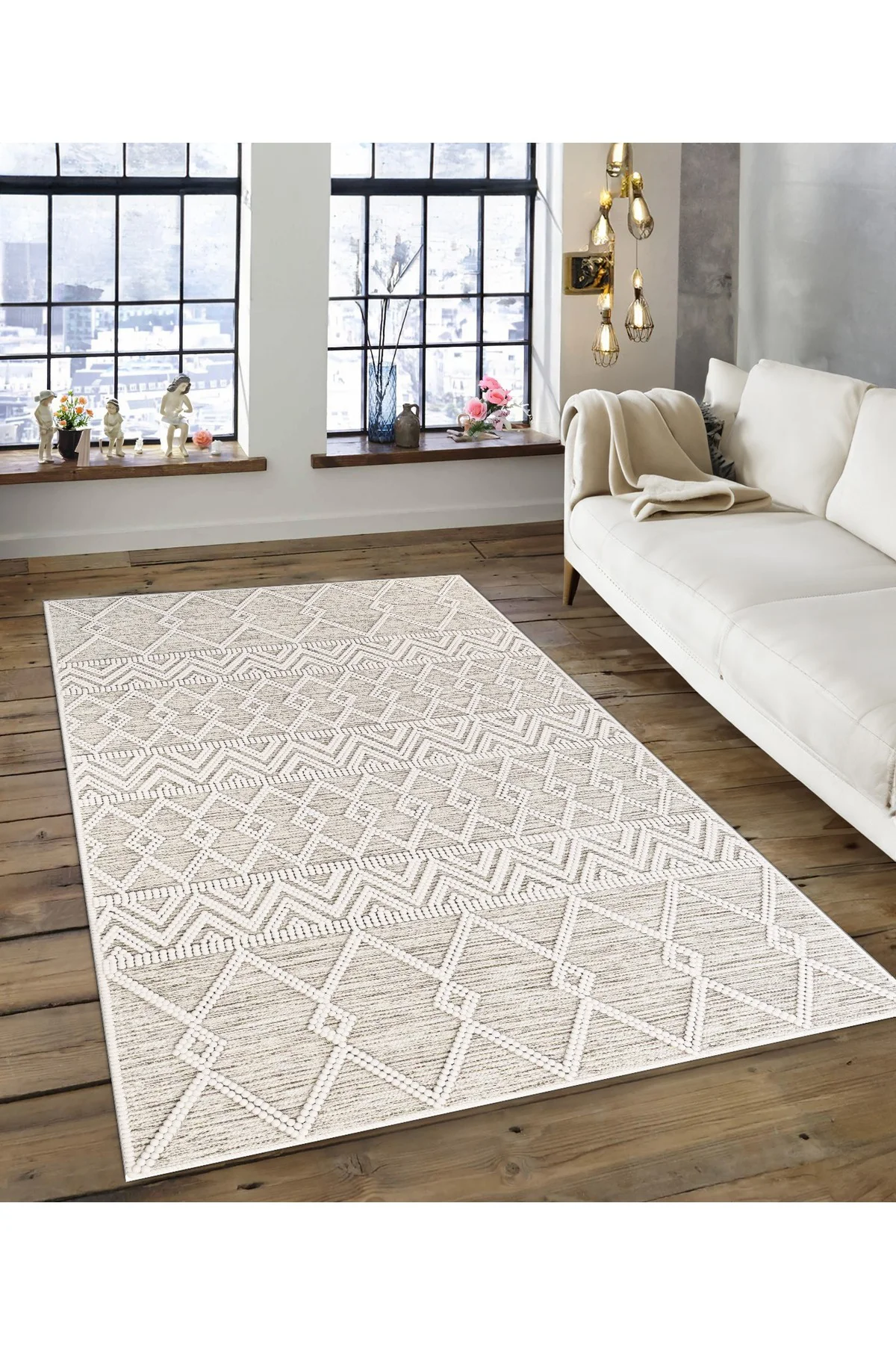 Shine M(177) Krem Saçaksız Kaymaz Tabanlı Dijital Baskılı Dekoratif Halı 180x500