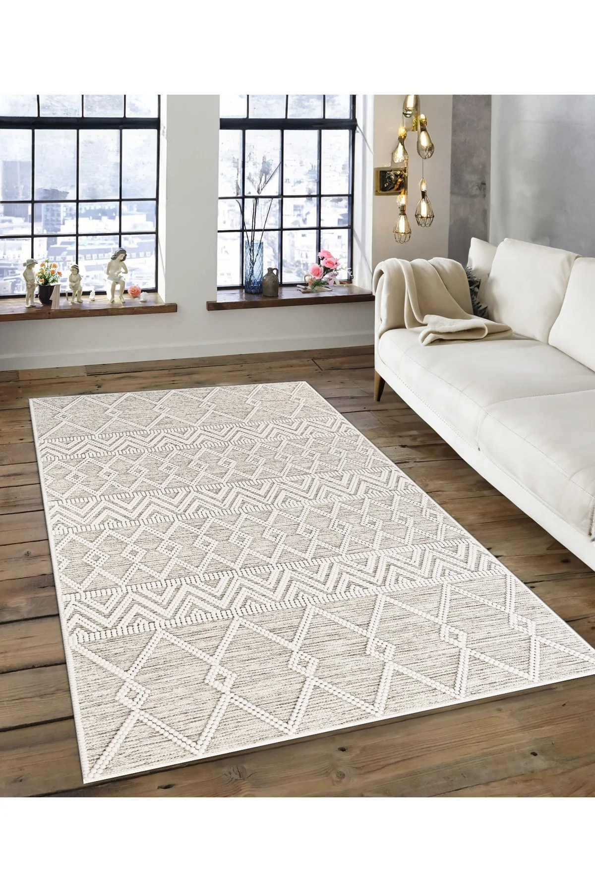 Shine M(177) Krem Saçaksız Kaymaz Tabanlı Dijital Baskılı Dekoratif Halı 160x160