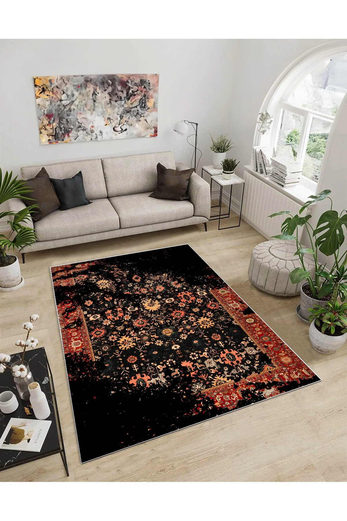Shine M(180) Siyah Saçaksız Kaymaz Tabanlı Dijital Baskılı Dekoratif Halı 160x450