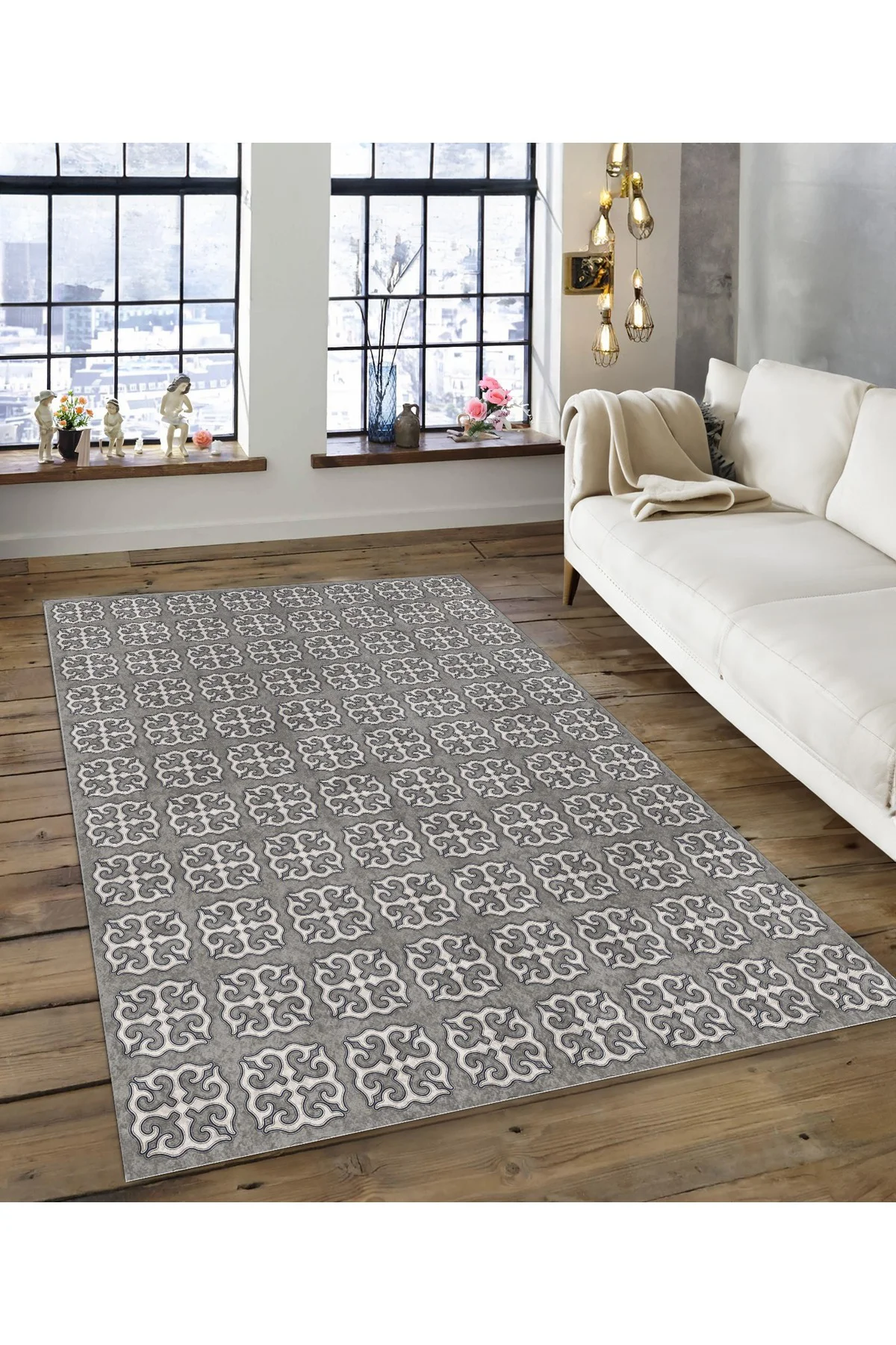 Shine M(181) Gri Saçaksız Kaymaz Tabanlı Dijital Baskılı Dekoratif Halı 160x300