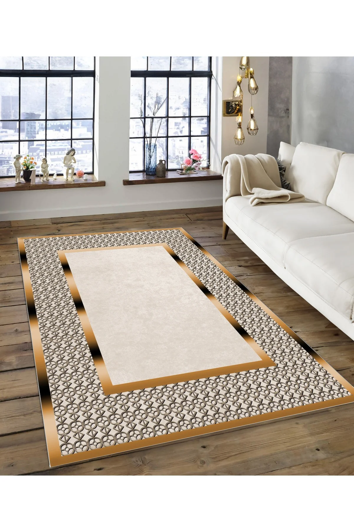 Shine M(182) Krem Saçaksız Kaymaz Tabanlı Dijital Baskılı Dekoratif Halı 80x100