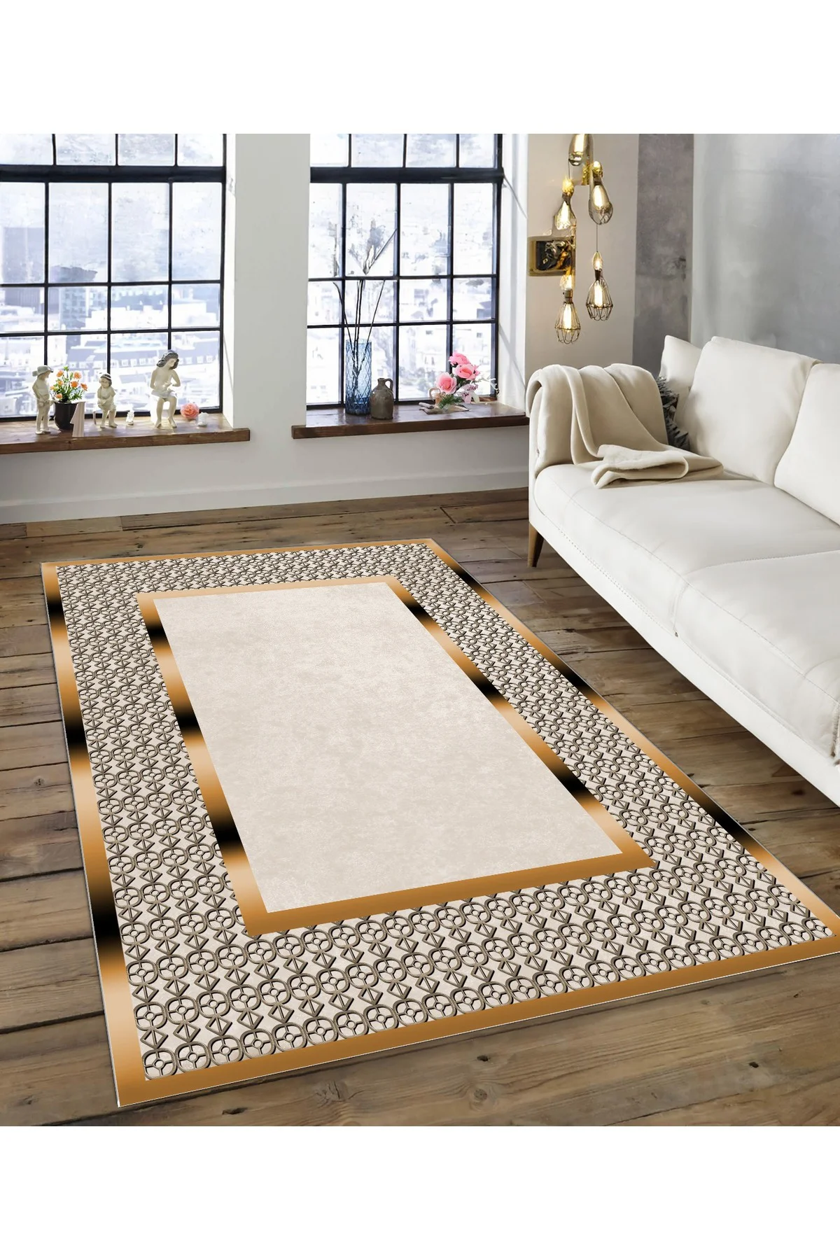 Shine M(182) Krem Saçaksız Kaymaz Tabanlı Dijital Baskılı Dekoratif Halı 160x160