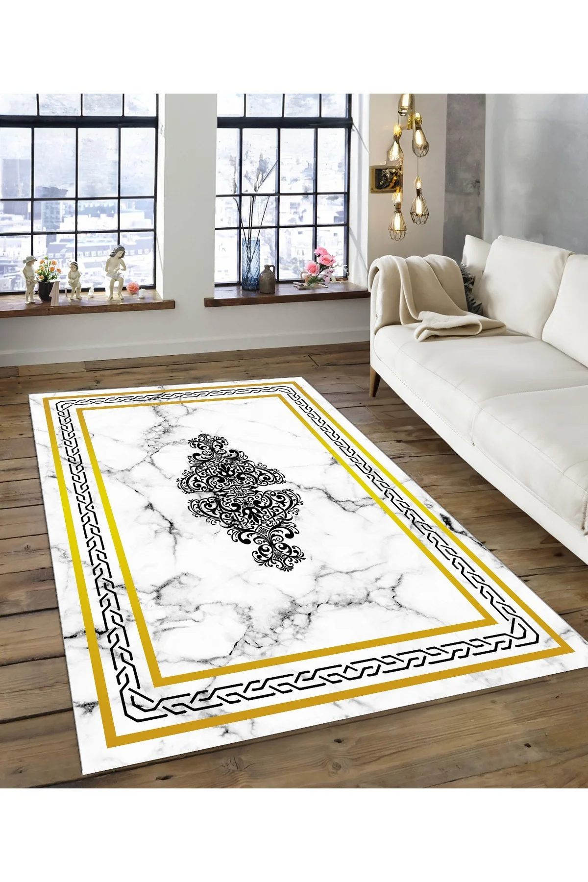 Shine M(183) Beyaz Saçaksız Kaymaz Tabanlı Dijital Baskılı Dekoratif Halı 60x450