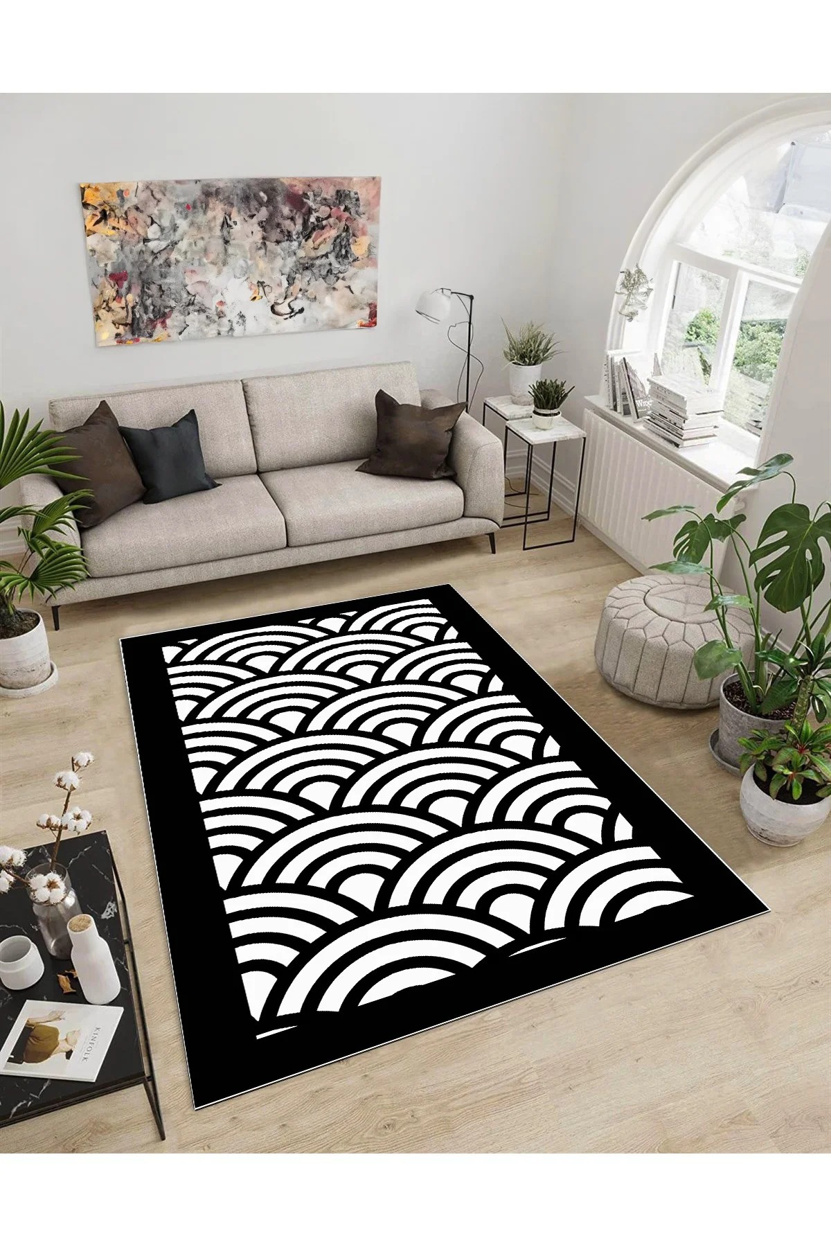 Shine M(185) Siyah Saçaksız Kaymaz Tabanlı Dijital Baskılı Dekoratif Halı 180x350