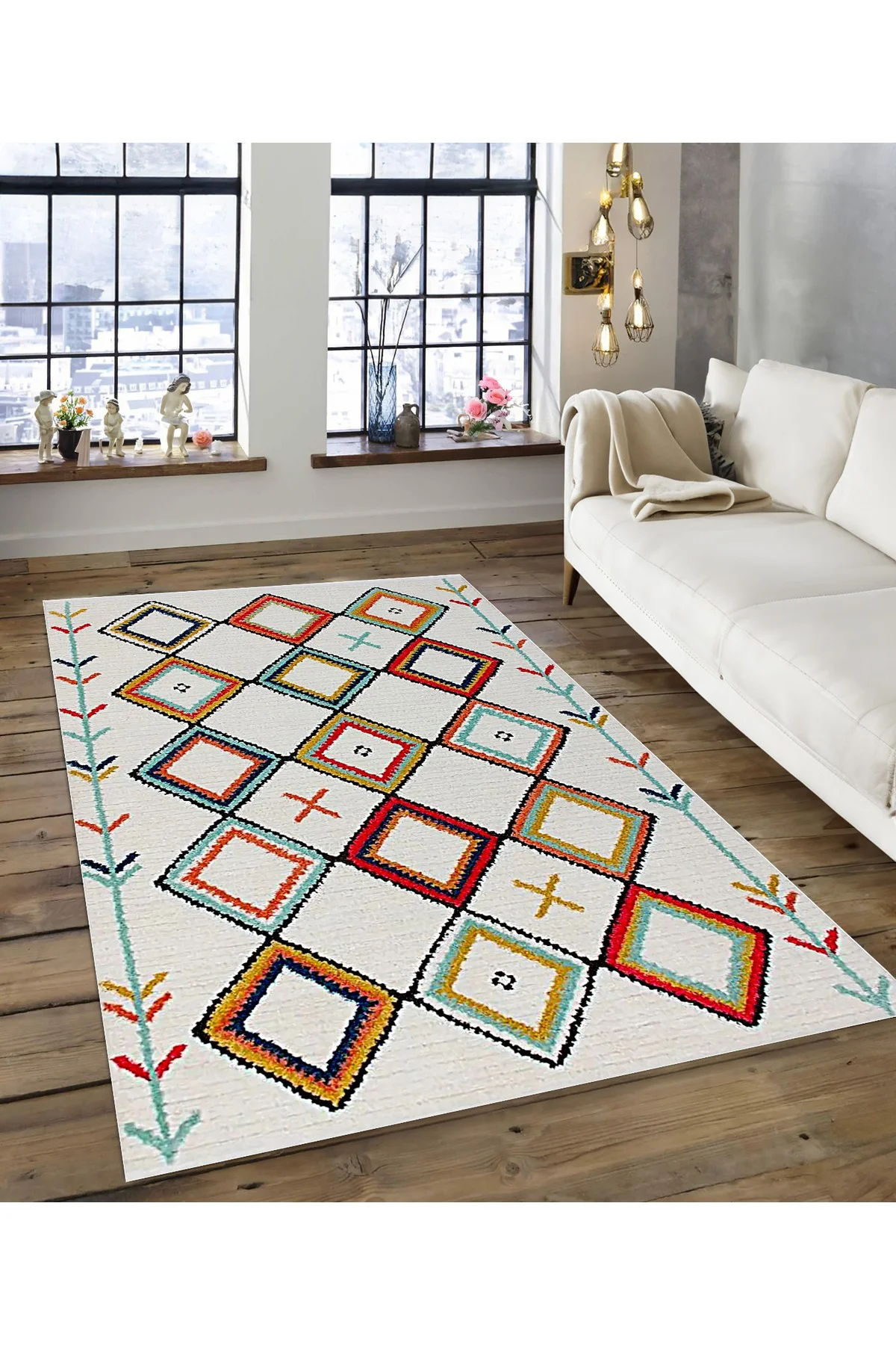 Shine M(189) Beyaz Saçaksız Kaymaz Tabanlı Dijital Baskılı Dekoratif Halı 80x300