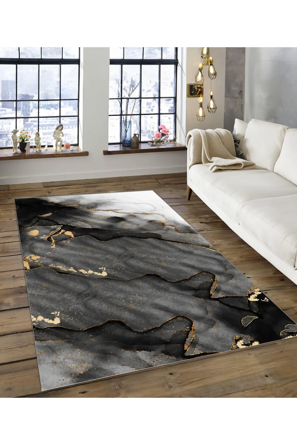 Shine M(191) Gold Saçaksız Kaymaz Tabanlı Dijital Baskılı Dekoratif Halı 150x200