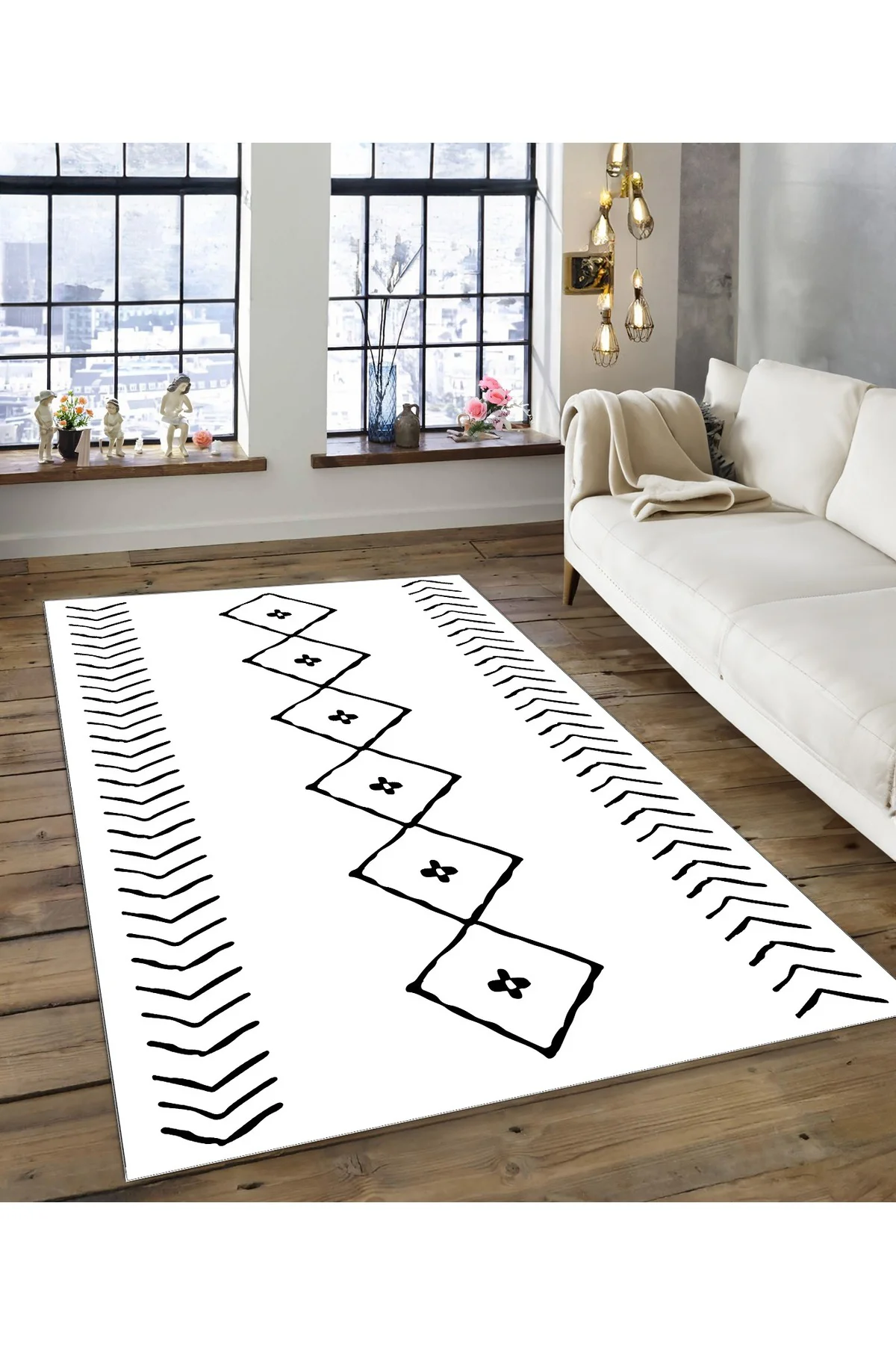 Shine M(198) Beyaz Saçaksız Kaymaz Tabanlı Dijital Baskılı Dekoratif Halı 120x450