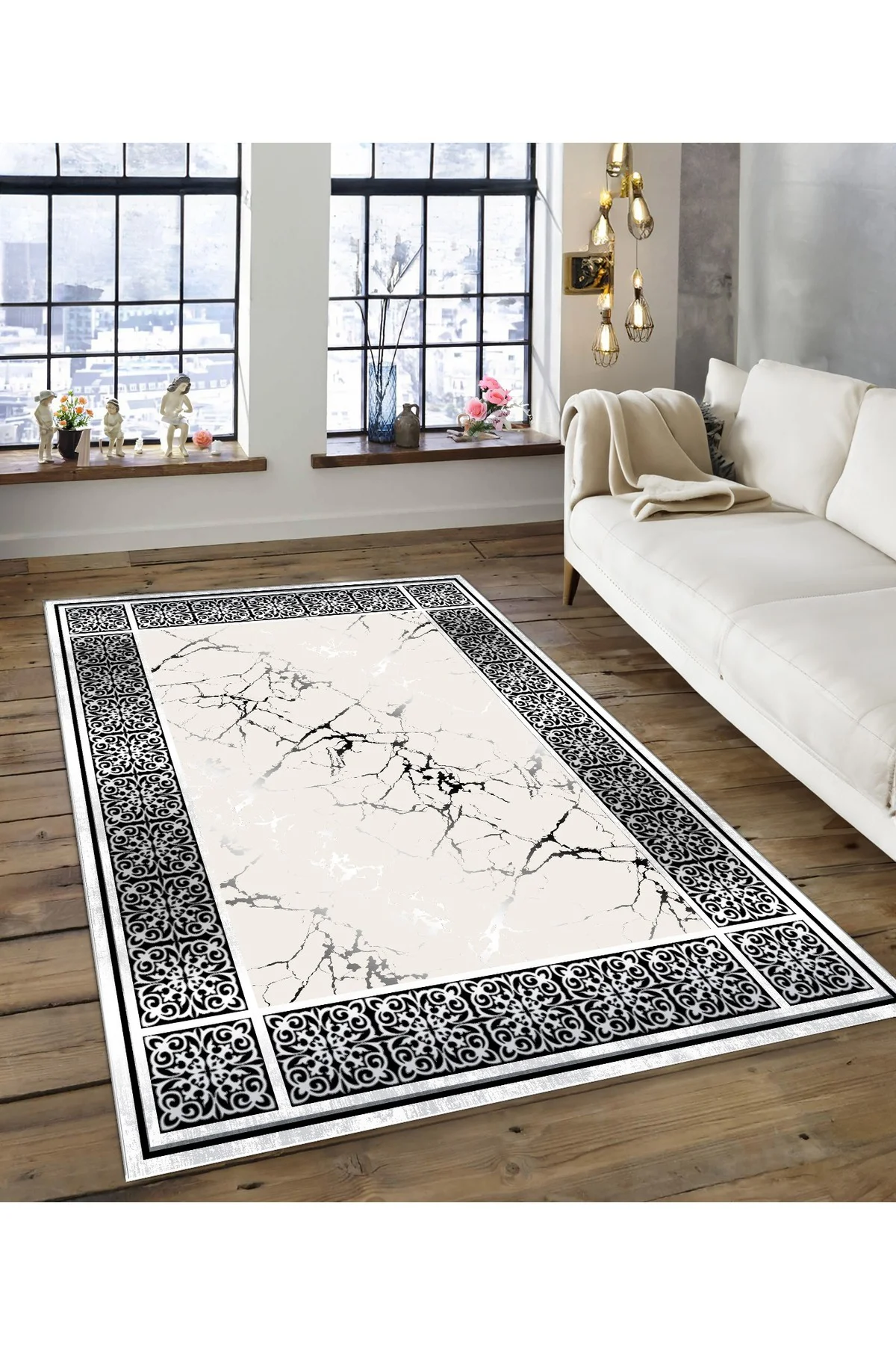 Shine M(200) Gri Saçaksız Kaymaz Tabanlı Dijital Baskılı Dekoratif Halı 140x200