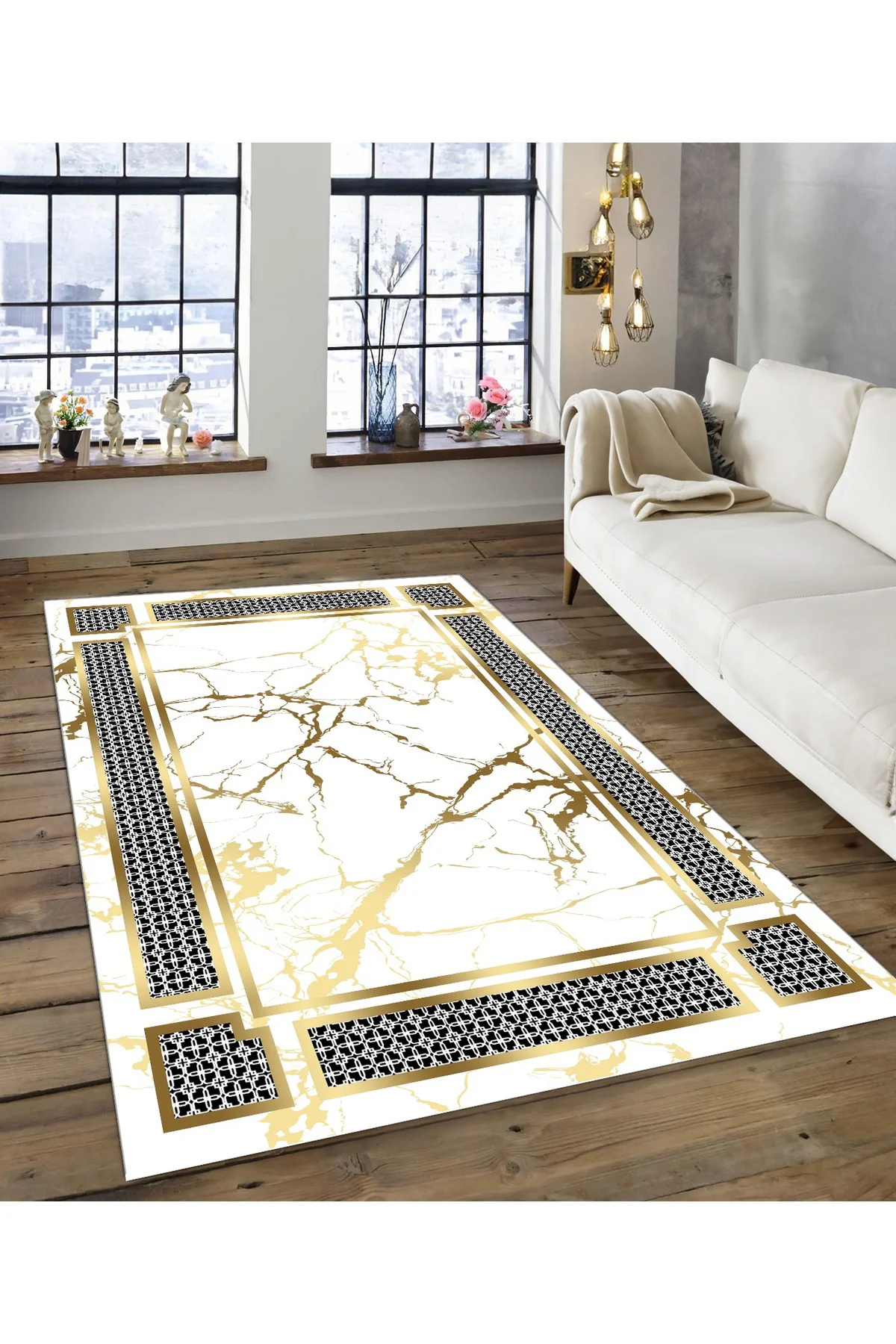 Shine M(203) Beyaz Saçaksız Kaymaz Tabanlı Dijital Baskılı Dekoratif Halı 80x350