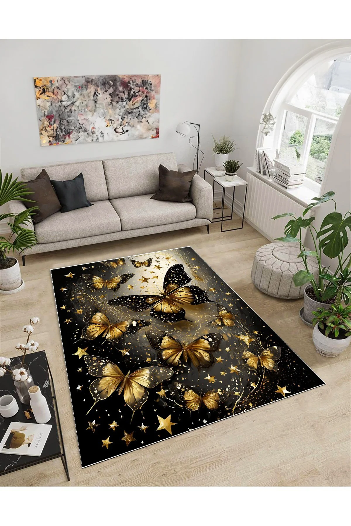 Shine M(206) Siyah Saçaksız Kaymaz Tabanlı Dijital Baskılı Dekoratif Halı 160x250