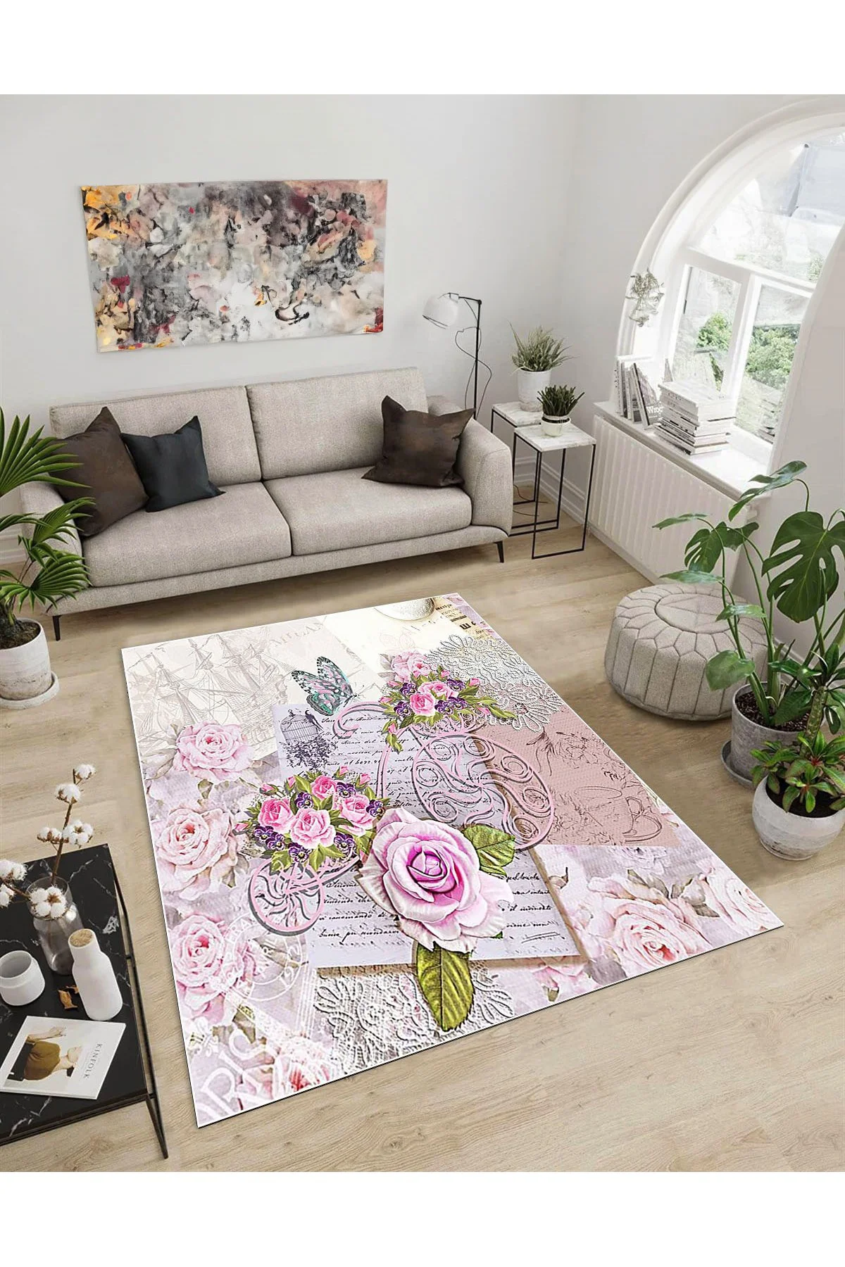 Shine M(263) Pembe Saçaksız Kaymaz Tabanlı Dijital Baskılı Dekoratif Halı 120x160