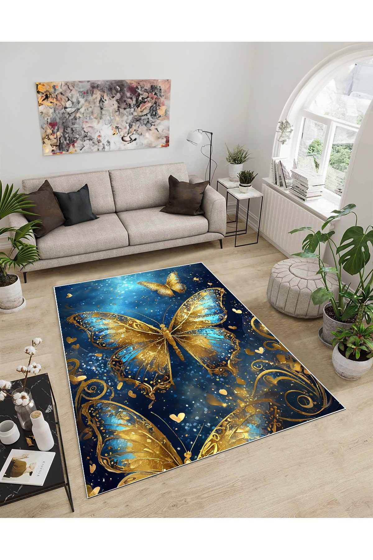 Shine M(267) Turkuaz Saçaksız Kaymaz Tabanlı Dijital Baskılı Dekoratif Halı 160x400