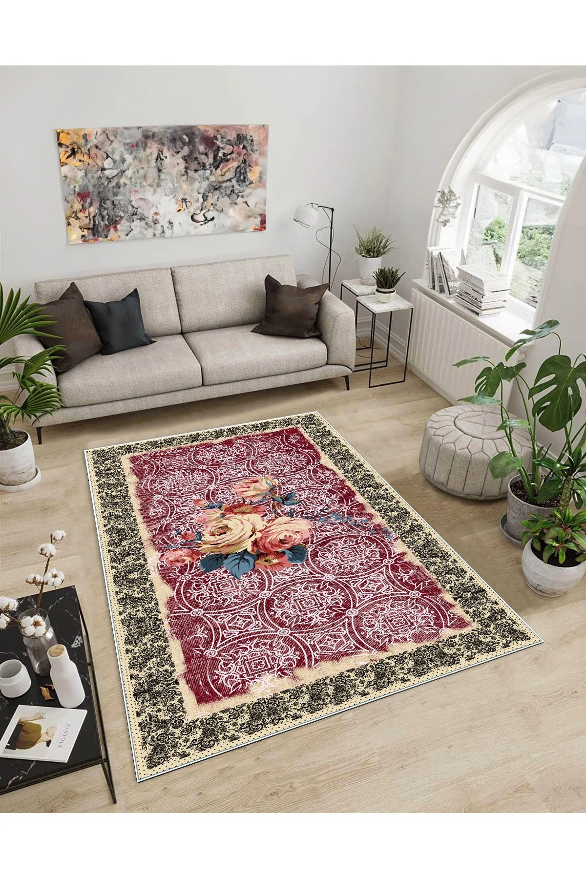 Shine M(269) Bordo Saçaksız Kaymaz Tabanlı Dijital Baskılı Dekoratif Halı 120x400
