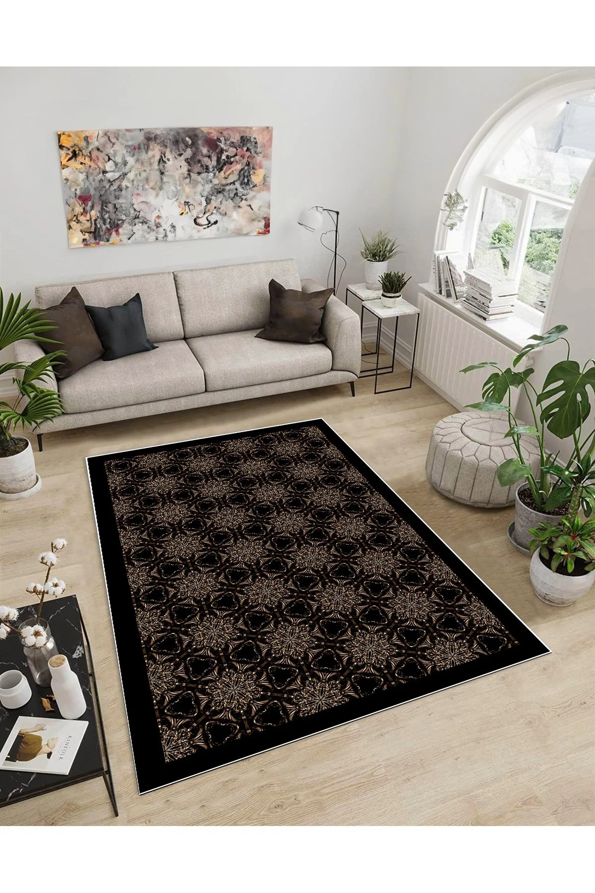 Shine M(270) Siyah Saçaksız Kaymaz Tabanlı Dijital Baskılı Dekoratif Halı 200x350