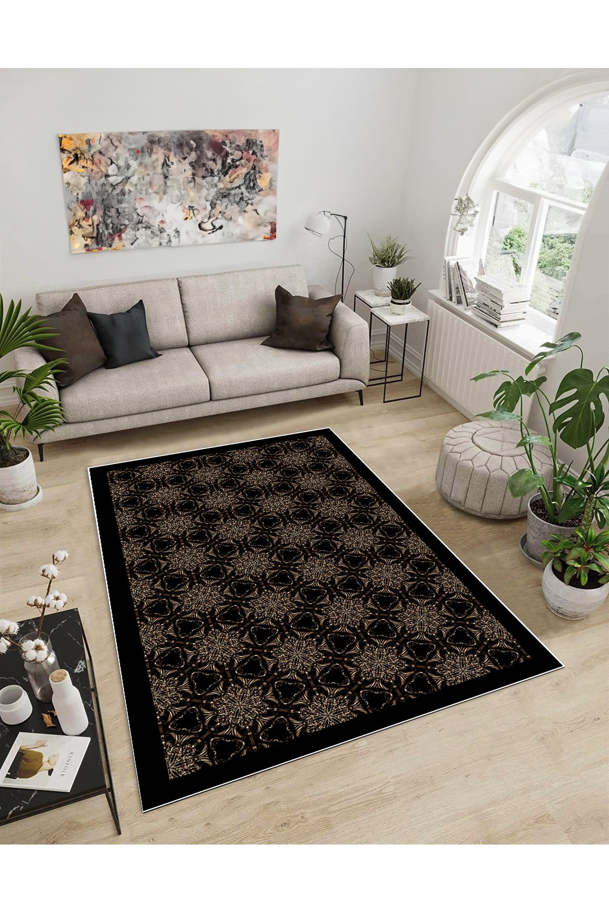 Shine M(270) Siyah Saçaksız Kaymaz Tabanlı Dijital Baskılı Dekoratif Halı 200x250