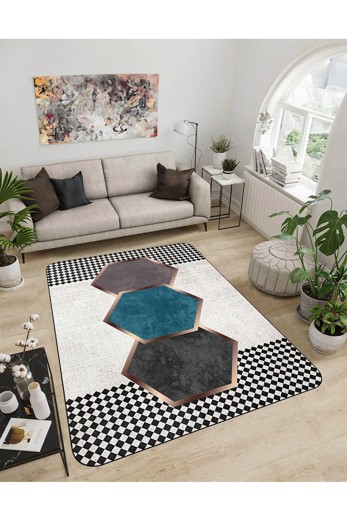 Shine M(271) Turkuaz Saçaksız Kaymaz Tabanlı Dijital Baskılı Dekoratif Halı 120x200