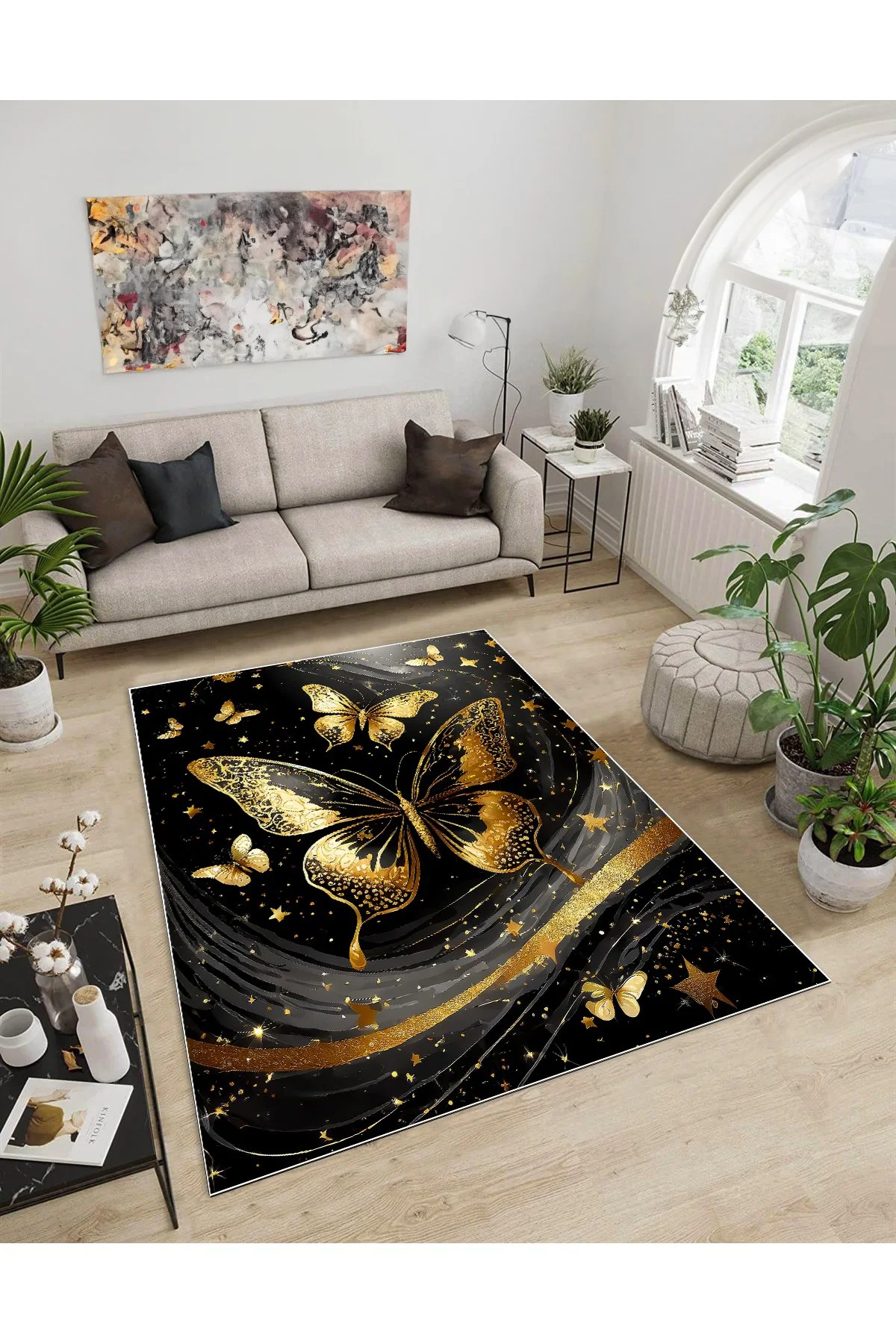 Shine M(272) Siyah Saçaksız Kaymaz Tabanlı Dijital Baskılı Dekoratif Halı 100x150