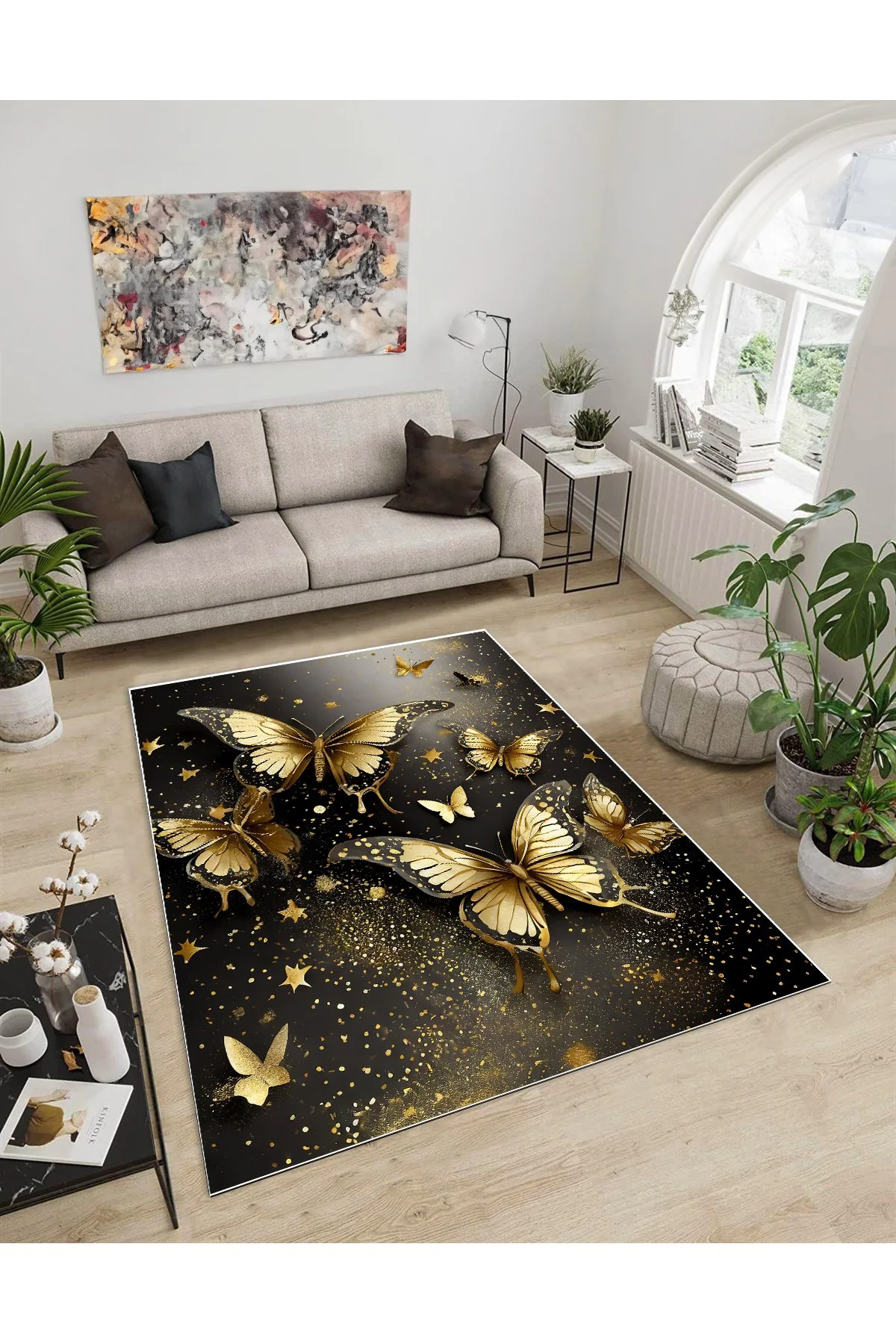 Shine M(275) Siyah Saçaksız Kaymaz Tabanlı Dijital Baskılı Dekoratif Halı 160x300