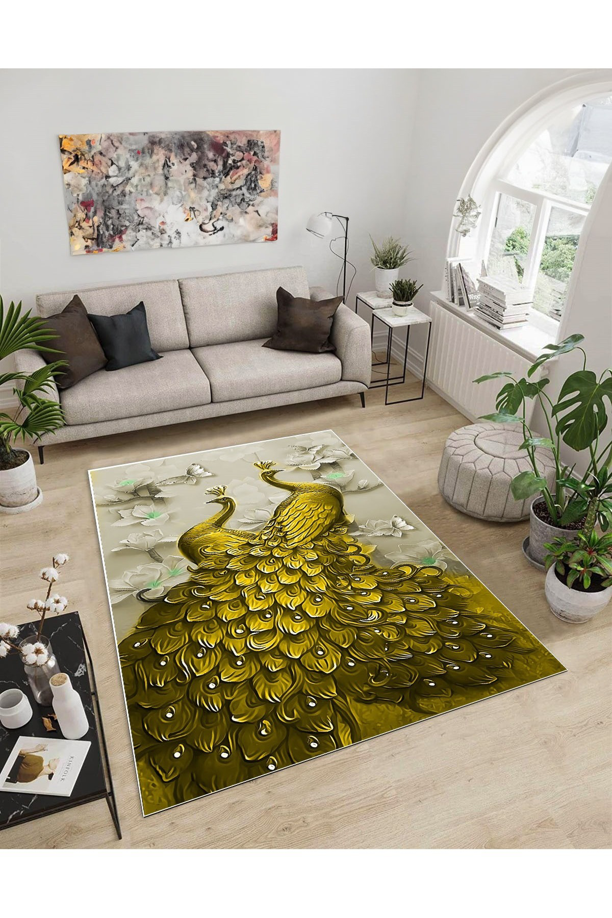 Shine M(276) Sarı Saçaksız Kaymaz Tabanlı Dijital Baskılı Dekoratif Halı 150X220