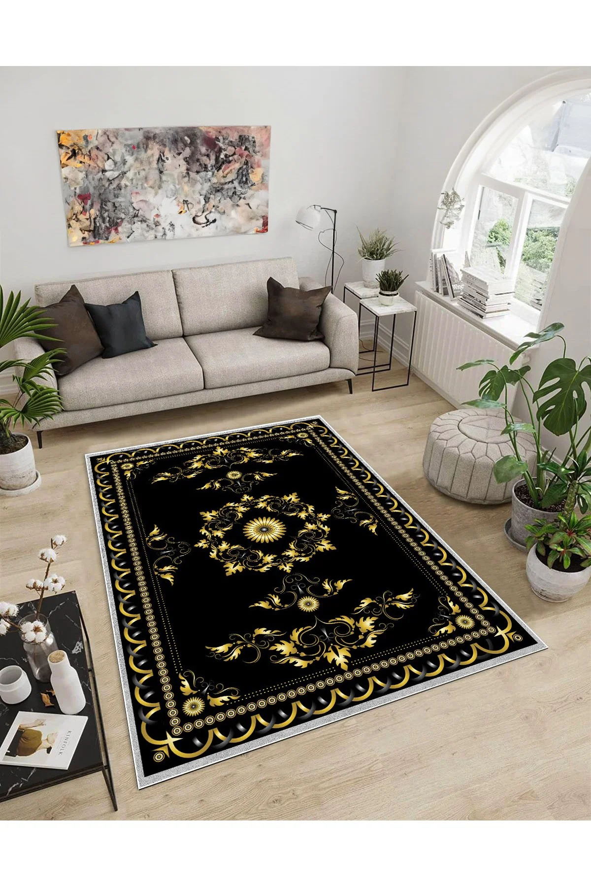 Shine M(277) Siyah Saçaksız Kaymaz Tabanlı Dijital Baskılı Dekoratif Halı 100x450
