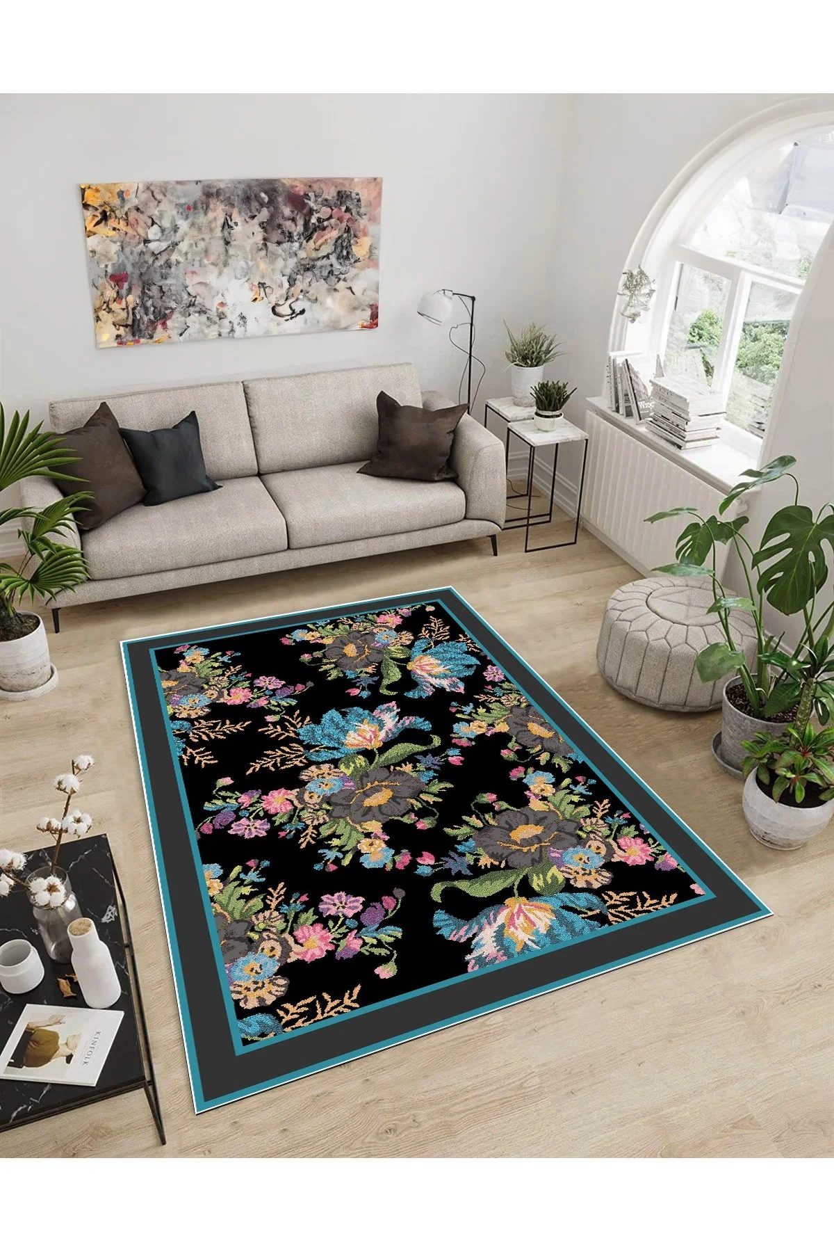 Shine M(278) Siyah Saçaksız Kaymaz Tabanlı Dijital Baskılı Dekoratif Halı 100x250
