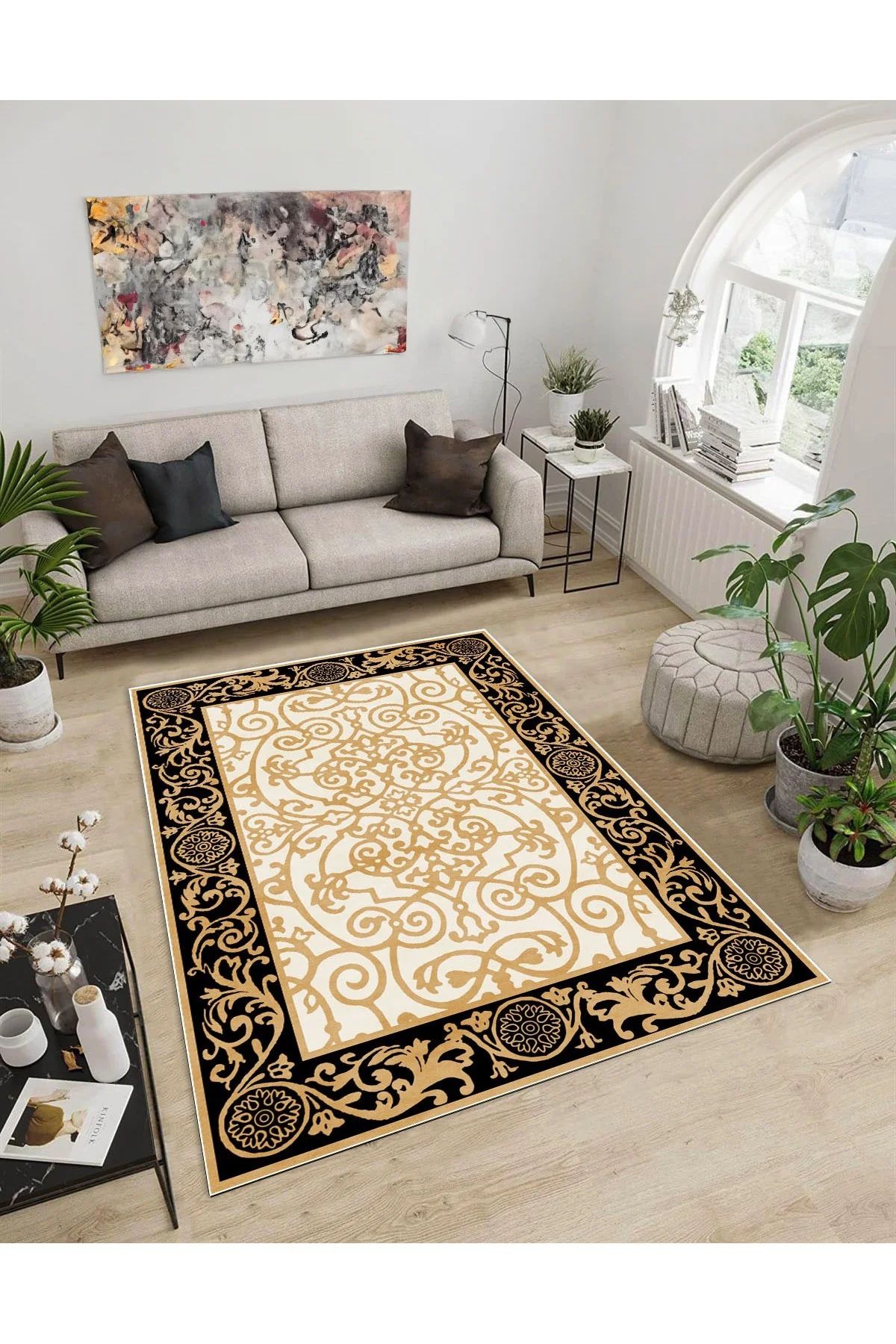 Shine M(282) Krem Saçaksız Kaymaz Tabanlı Dijital Baskılı Dekoratif Halı 160x450