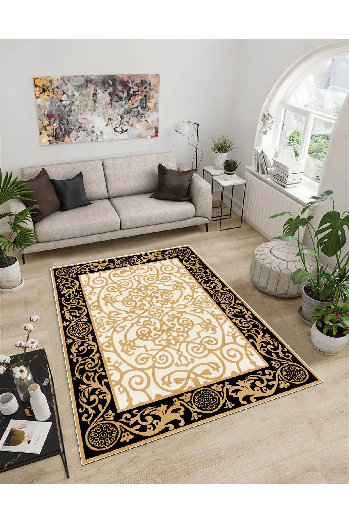 Shine M(282) Krem Saçaksız Kaymaz Tabanlı Dijital Baskılı Dekoratif Halı 180x280