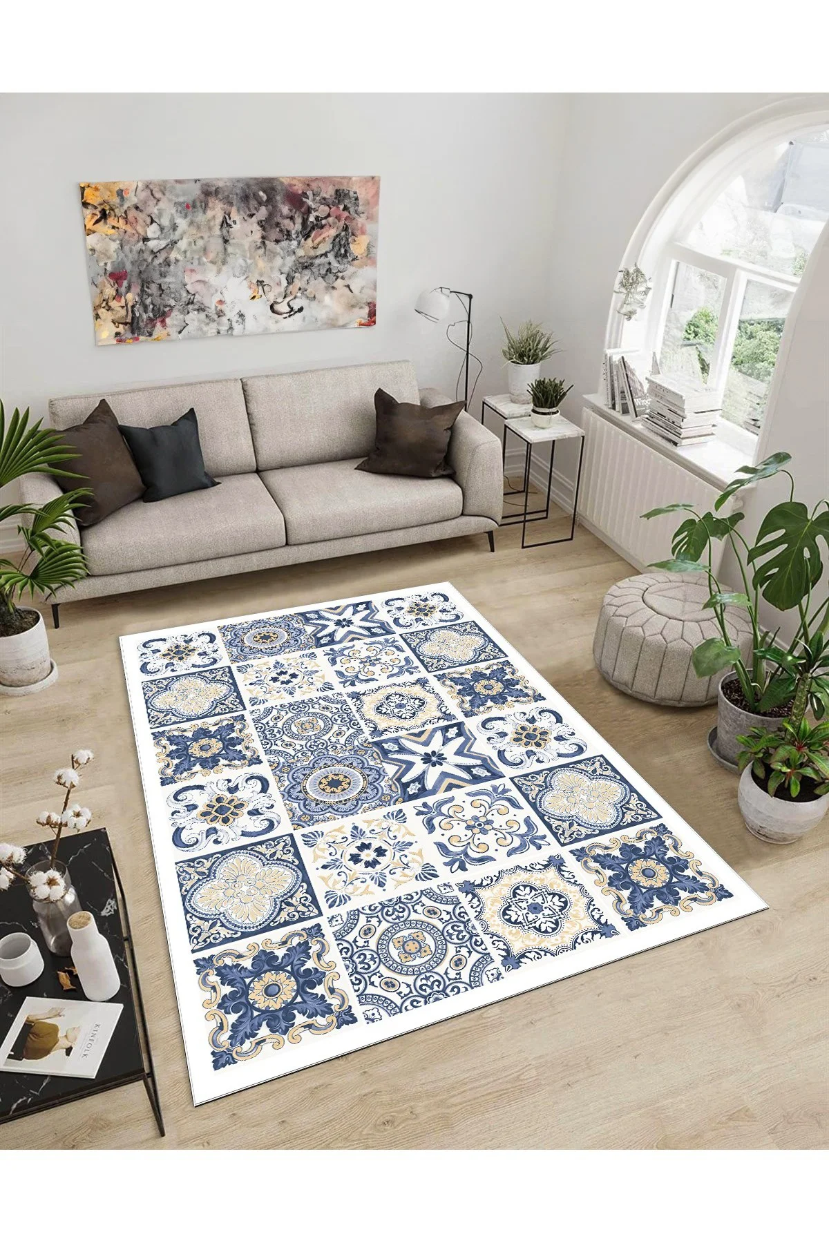 Shine M(288) Beyaz Saçaksız Kaymaz Tabanlı Dijital Baskılı Dekoratif Halı 80x400