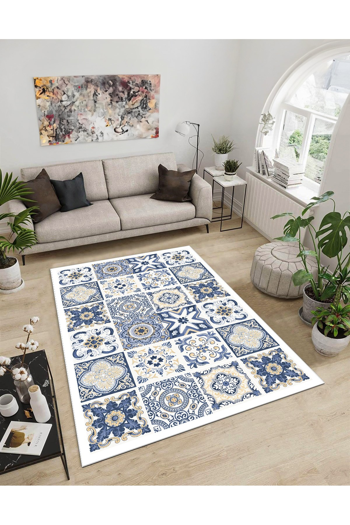 Shine M(288) Beyaz Saçaksız Kaymaz Tabanlı Dijital Baskılı Dekoratif Halı 180x250