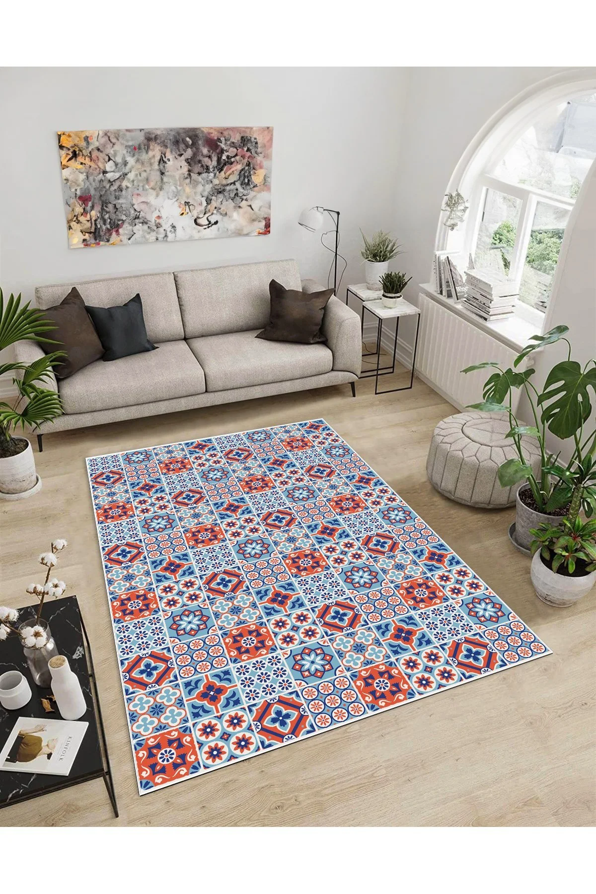 Shine M(291) Mavi Saçaksız Kaymaz Tabanlı Dijital Baskılı Dekoratif Halı 80x450