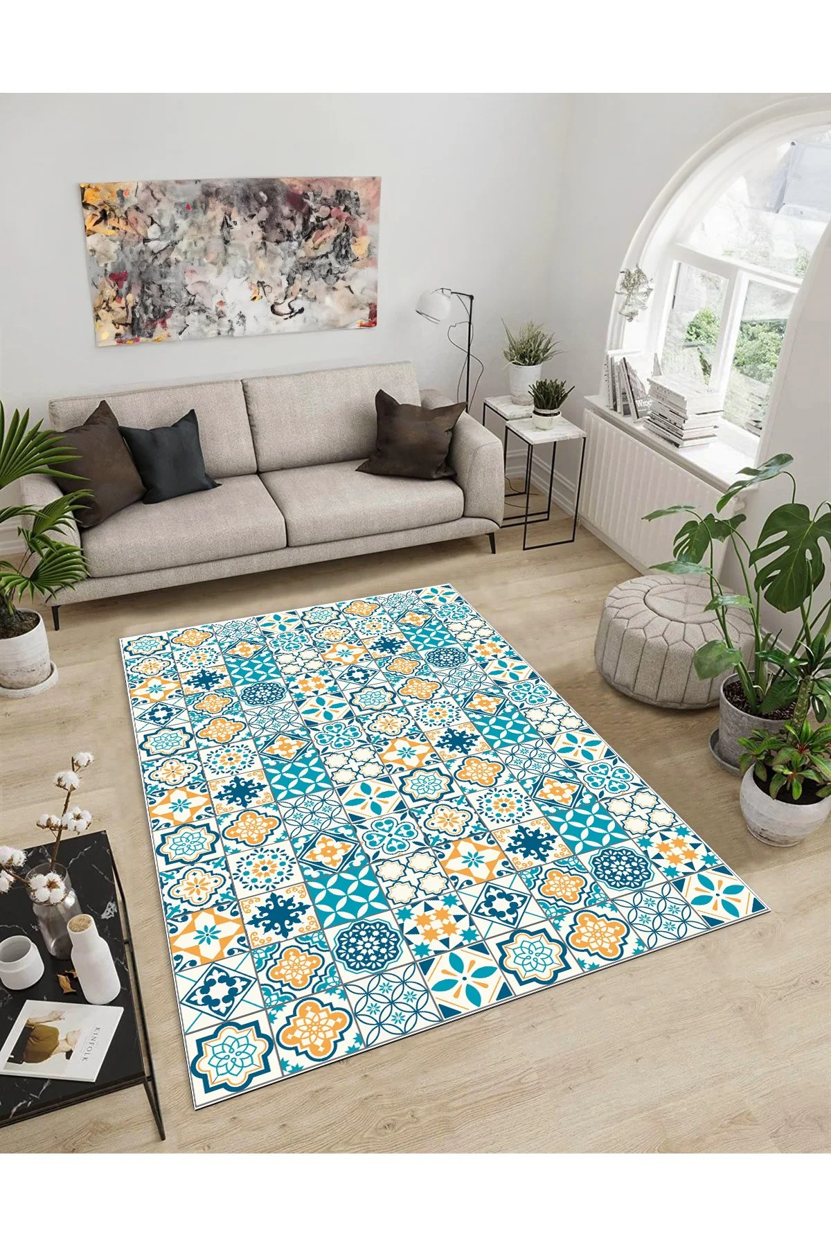 Shine M(294) Sarı Saçaksız Kaymaz Tabanlı Dijital Baskılı Dekoratif Halı 100x500