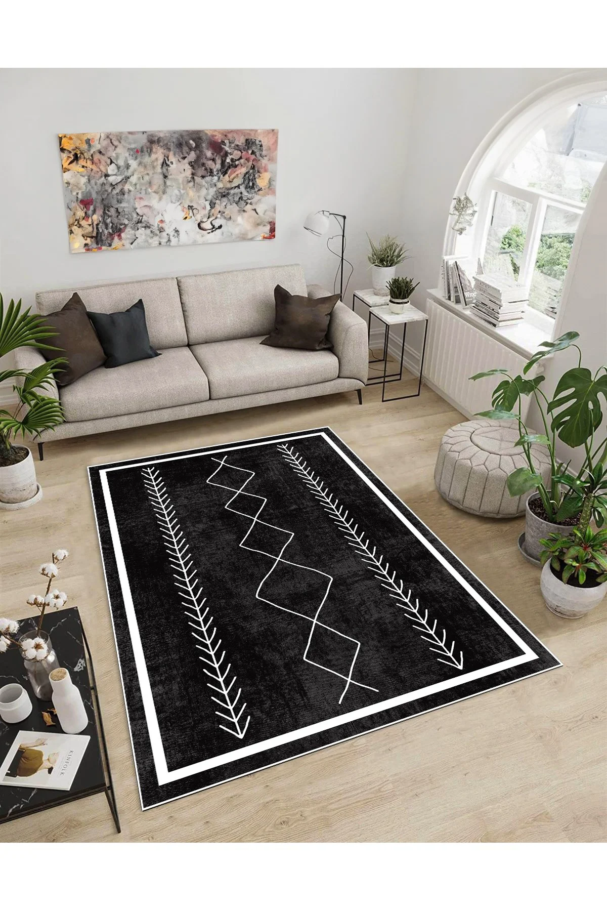 Shine M(296) Siyah Saçaksız Kaymaz Tabanlı Dijital Baskılı Dekoratif Halı 200x200