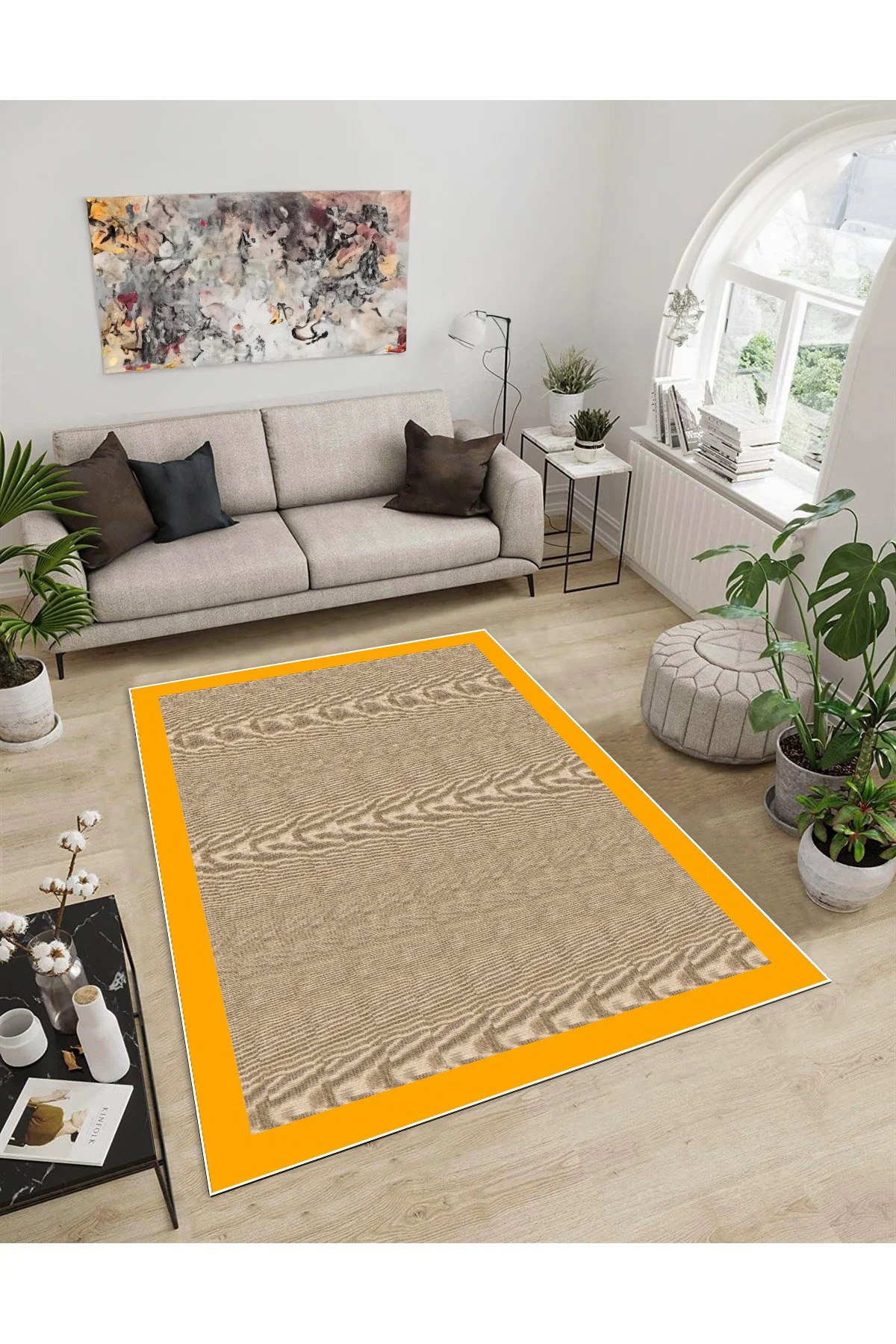 Shine M(297) Sarı Saçaksız Kaymaz Tabanlı Dijital Baskılı Dekoratif Halı 160x160