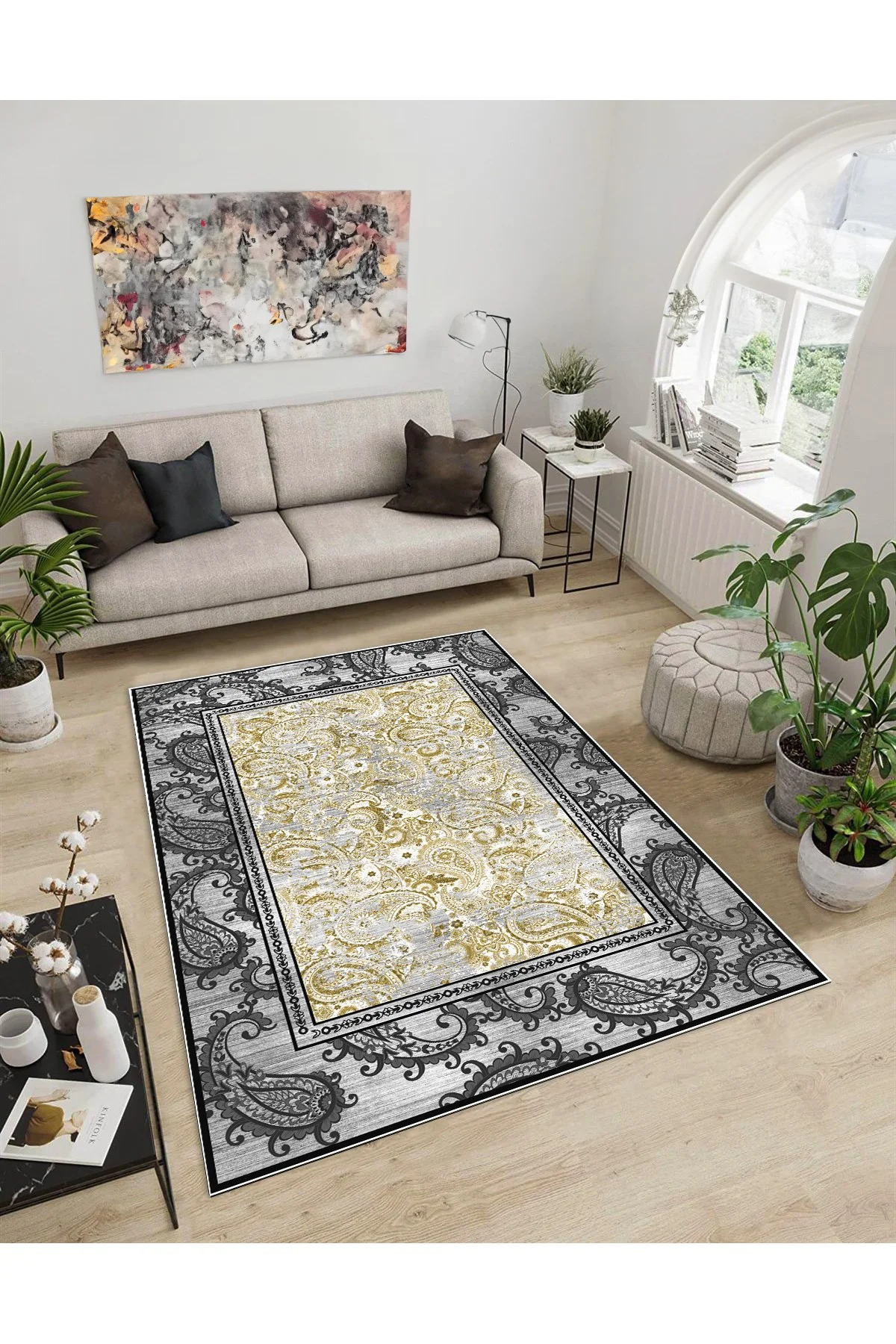 Shine M(32) Gri Saçaksız Kaymaz Tabanlı Dijital Baskılı Dekoratif Halı 100x150