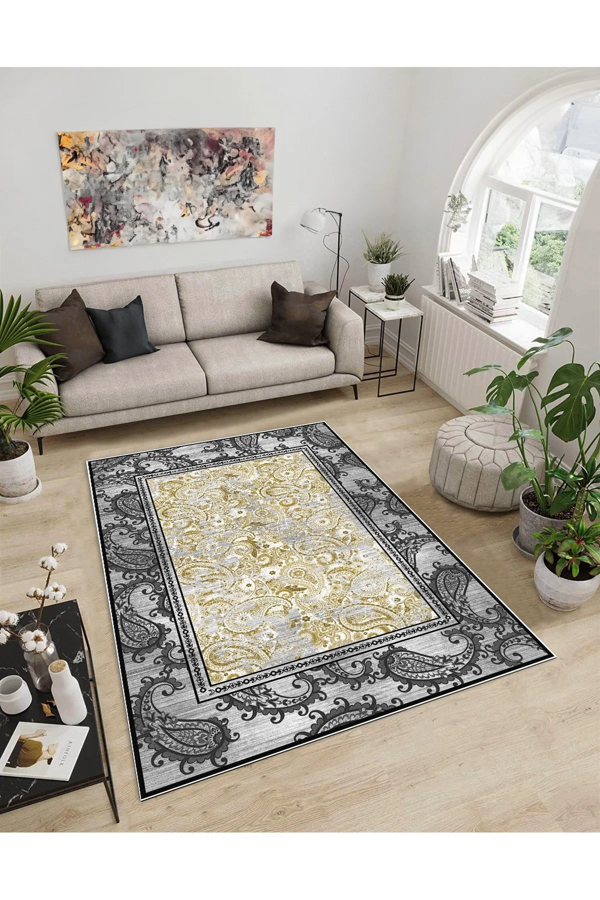Shine M(32) Gri Saçaksız Kaymaz Tabanlı Dijital Baskılı Dekoratif Halı 120x400