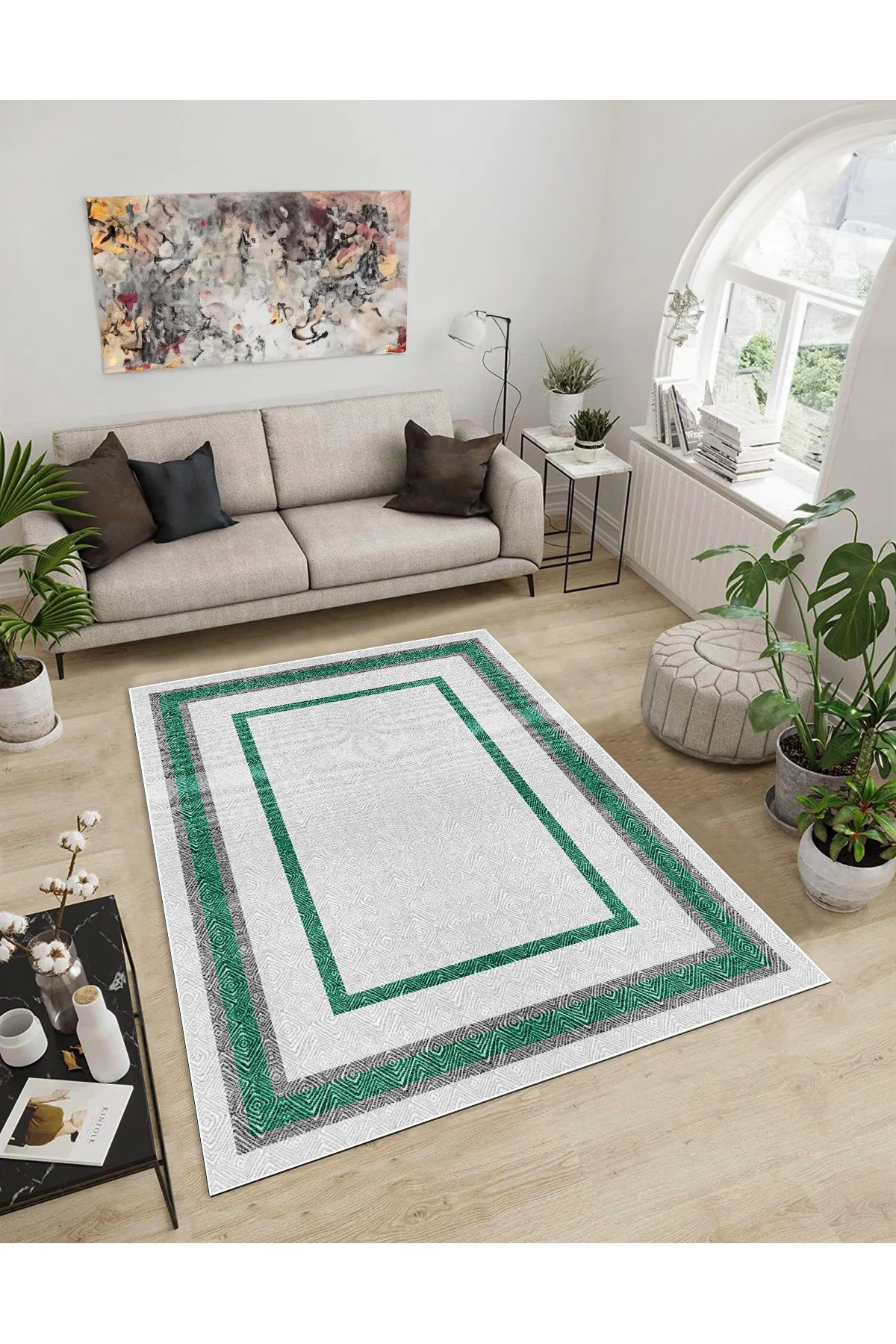 Shine M(34) Yeşil Saçaksız Kaymaz Tabanlı Dijital Baskılı Dekoratif Halı 180x450