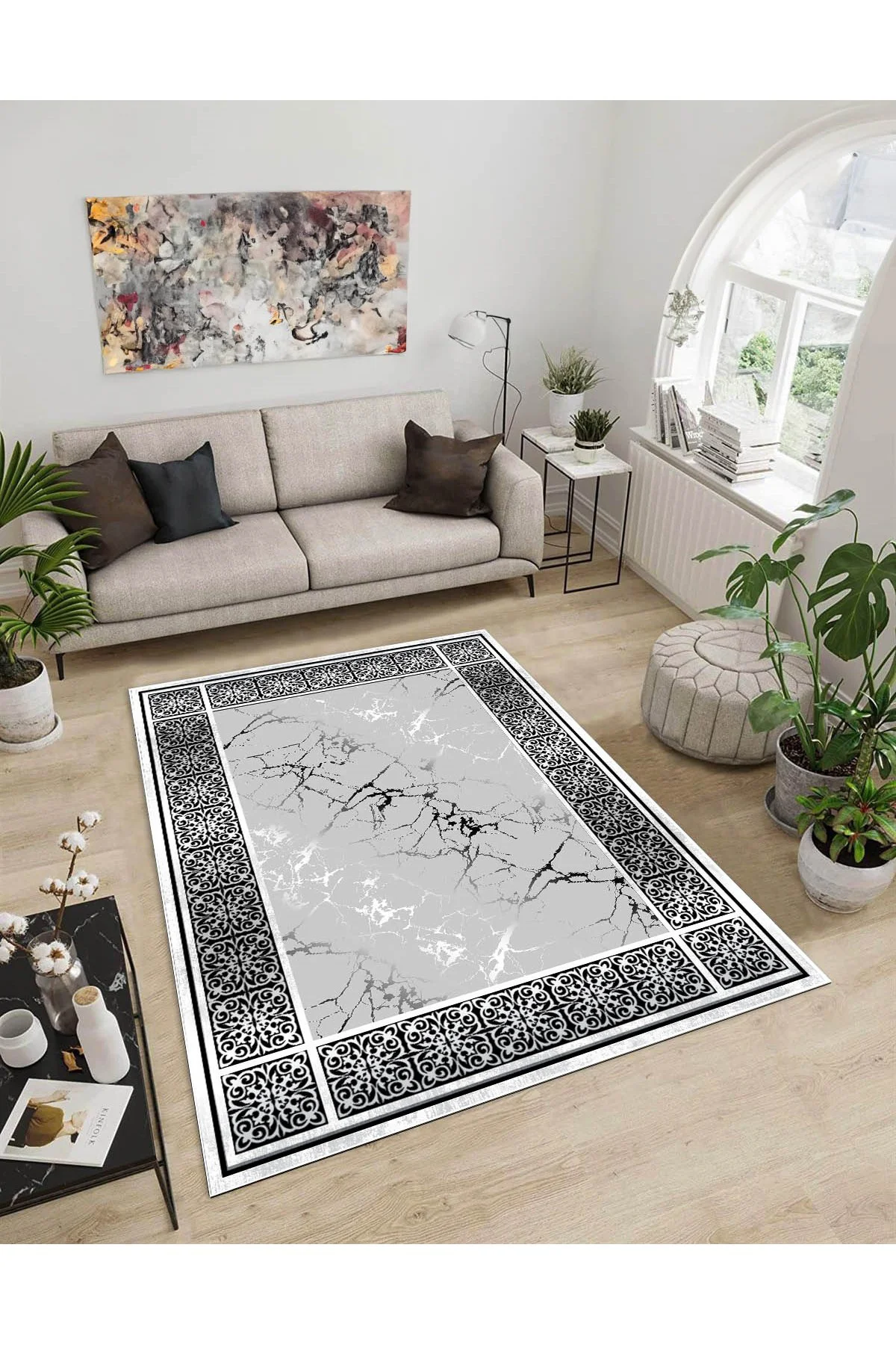 Shine M(39) Gri Saçaksız Kaymaz Tabanlı Dijital Baskılı Dekoratif Halı 120x160