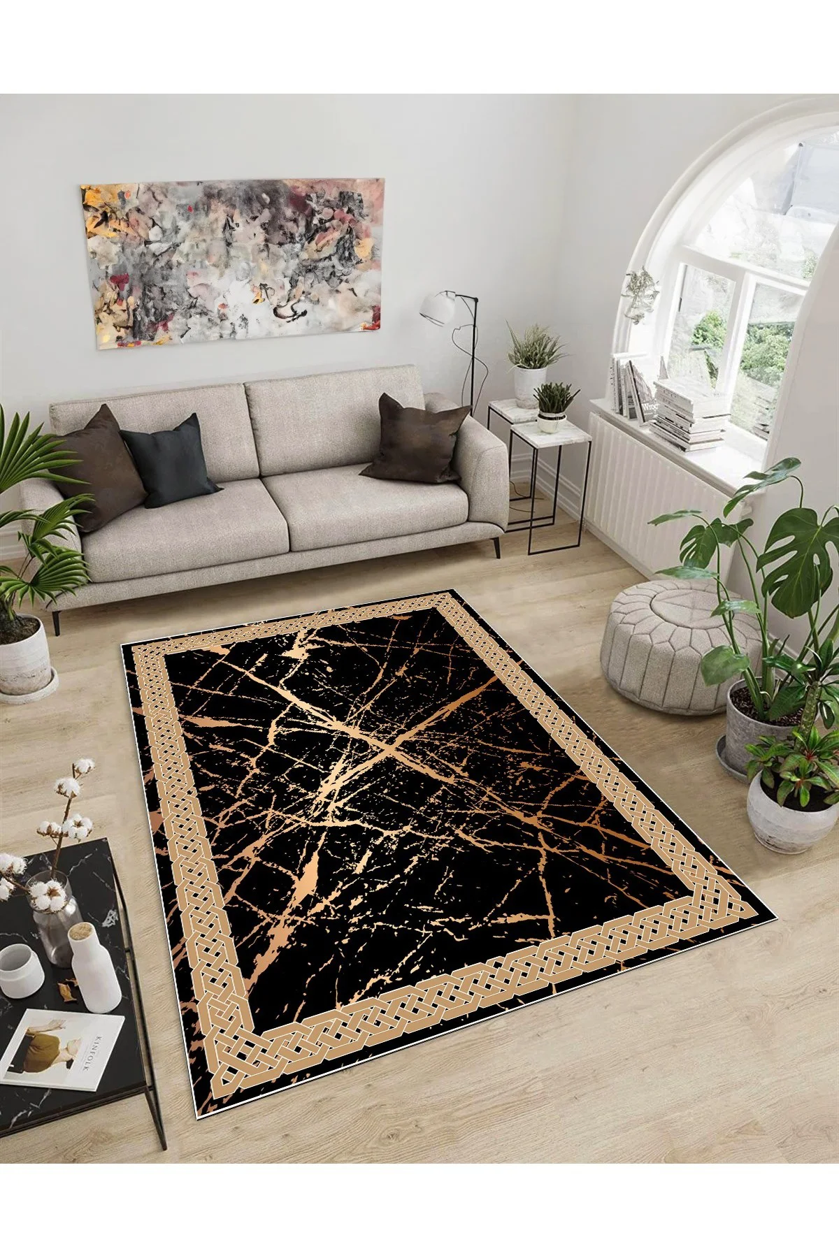 Shine M(42) Siyah Saçaksız Kaymaz Tabanlı Dijital Baskılı Dekoratif 4 Metrekare Halı 160x230