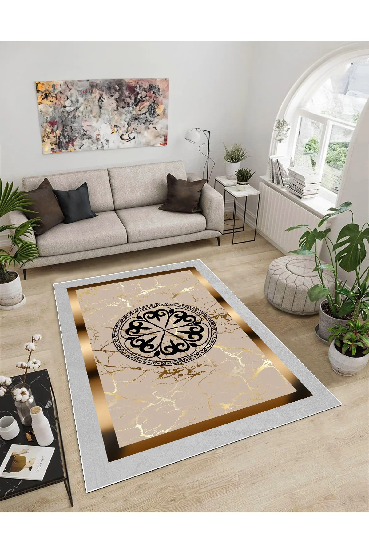 Shine M(46) Gold Saçaksız Kaymaz Tabanlı Dijital Baskılı Dekoratif Halı 120x160