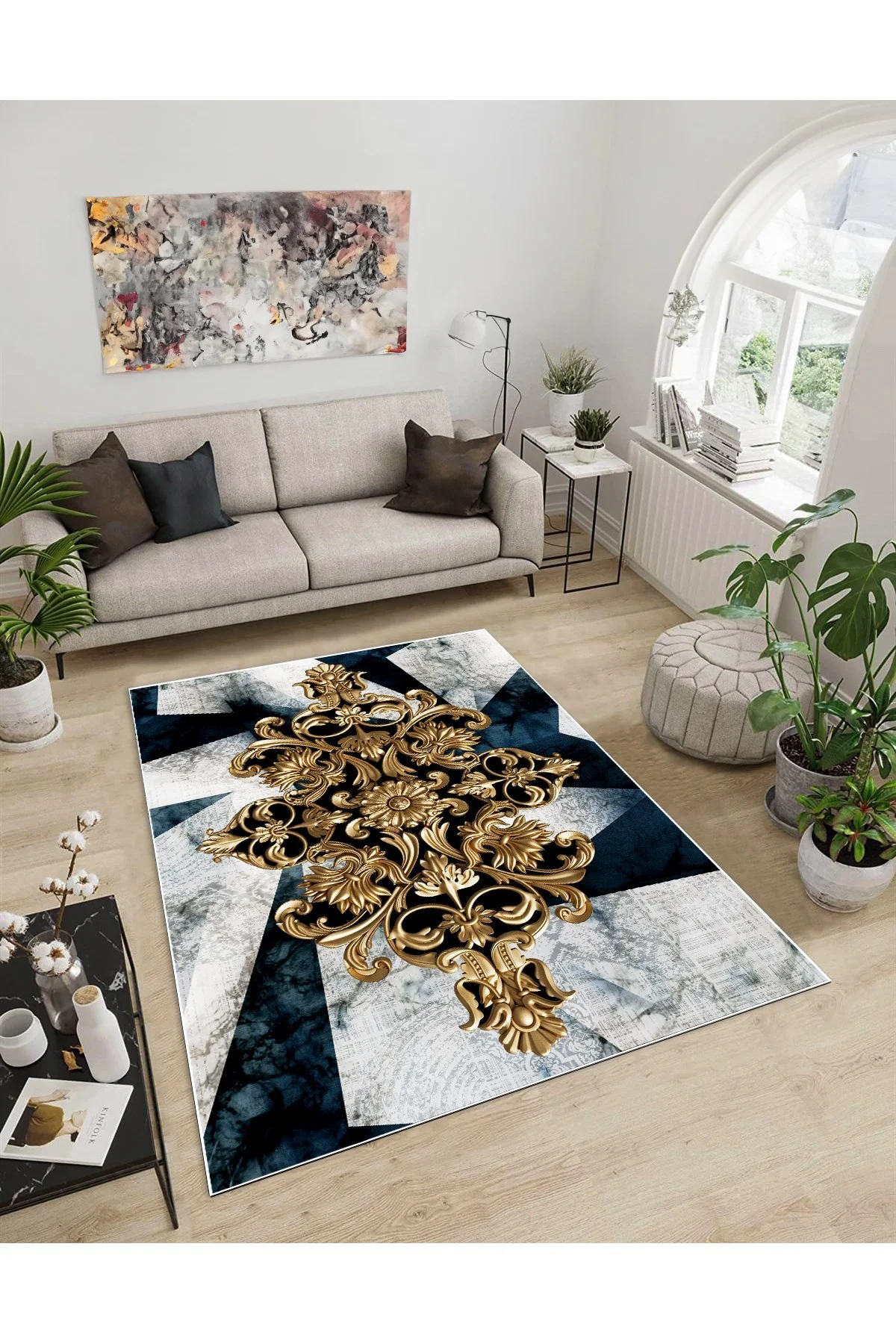 Shine M(47) Gold Saçaksız Kaymaz Tabanlı Dijital Baskılı Dekoratif Halı 100x300