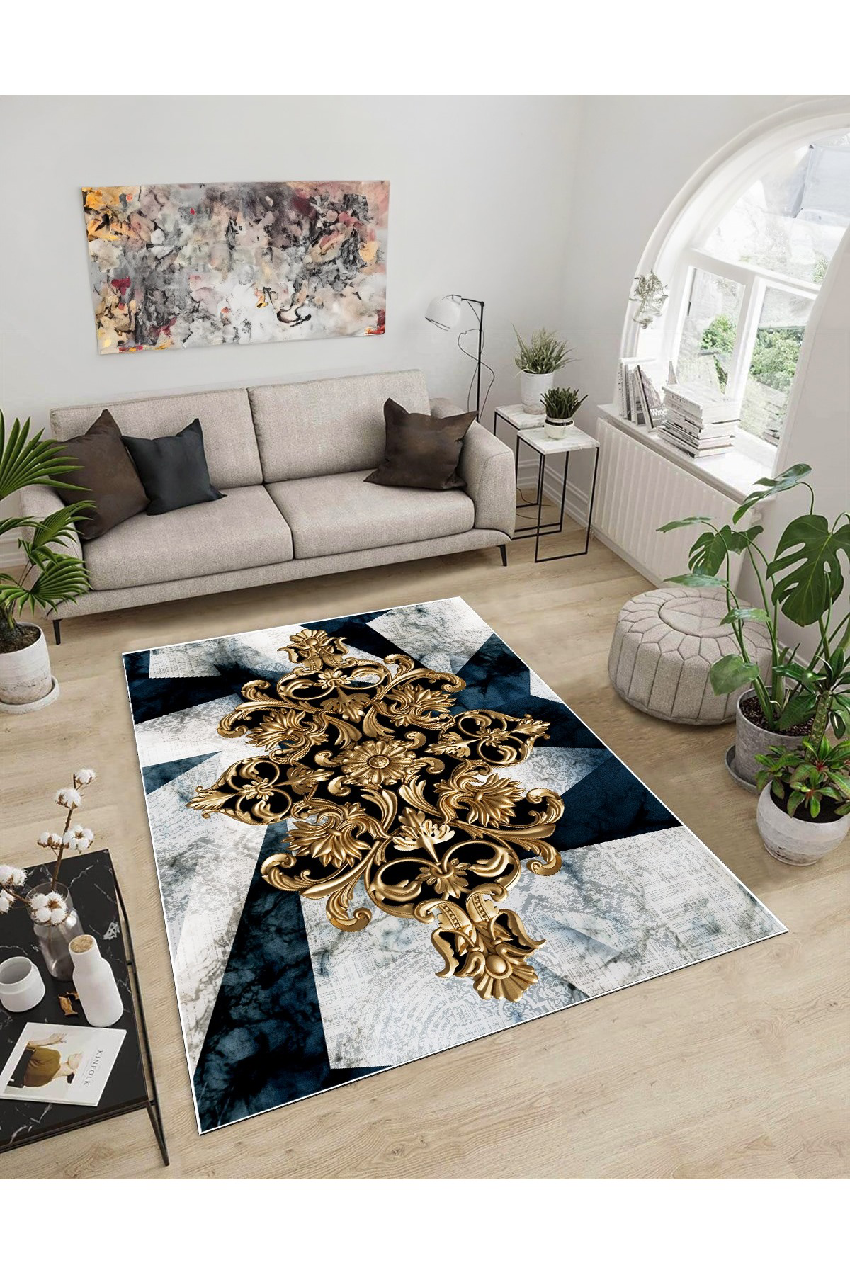 Shine M(47) Gold Saçaksız Kaymaz Tabanlı Dijital Baskılı Dekoratif Halı 200x450