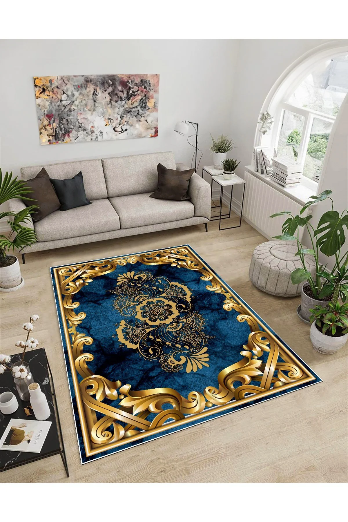 Shine M(48) Gold Saçaksız Kaymaz Tabanlı Dijital Baskılı Dekoratif Halı 180x350