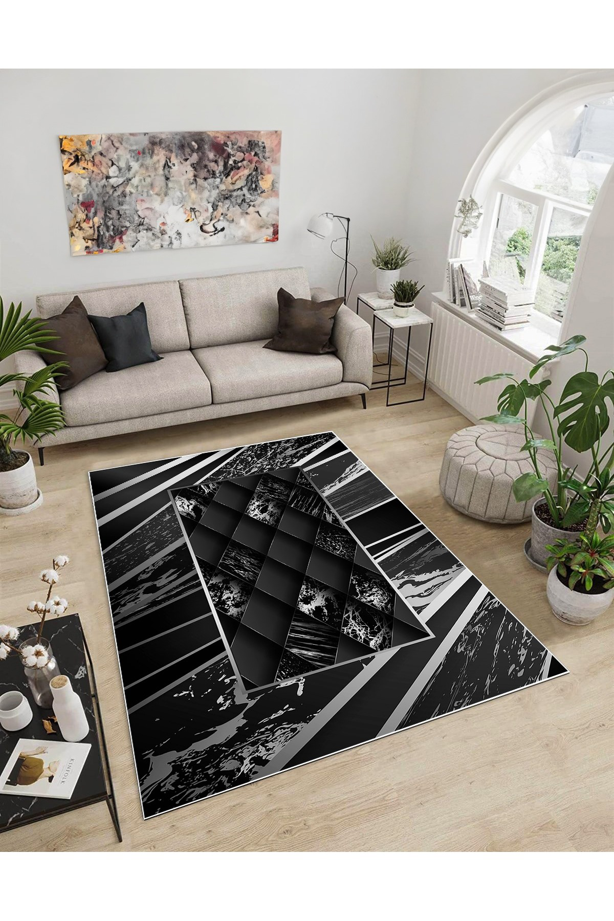 Shine M(49) Antrasit Saçaksız Kaymaz Tabanlı Dijital Baskılı Dekoratif Halı 160x500