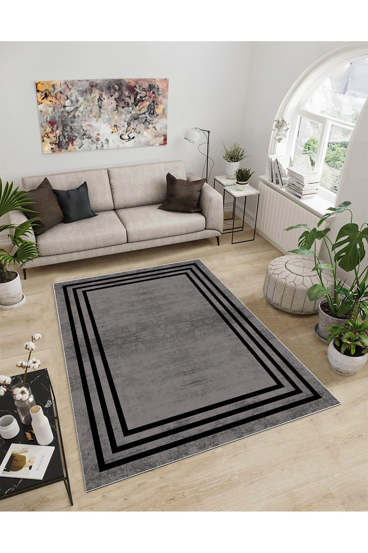 Shine M(5) Gri Saçaksız Kaymaz Tabanlı Dijital Baskılı Dekoratif Halı 160x160