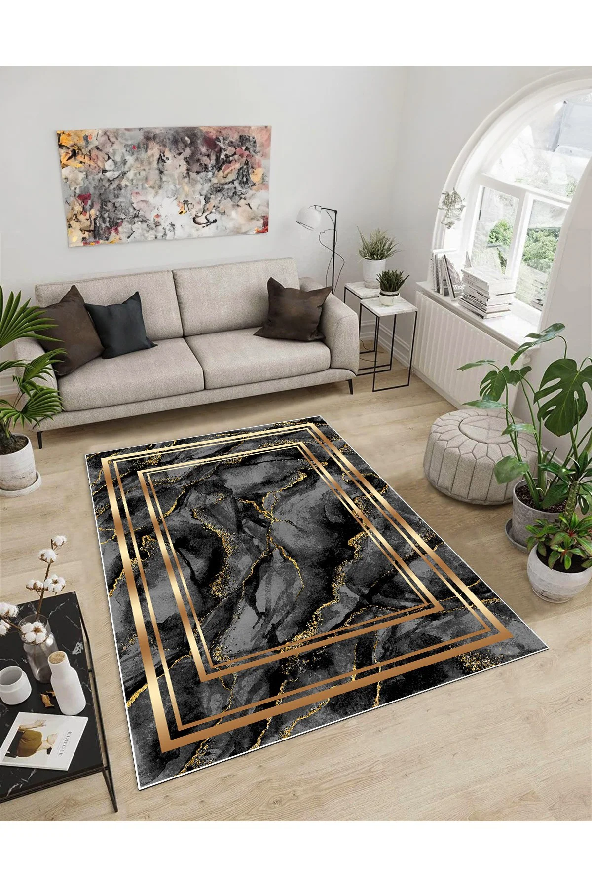 Shine M(52) Antrasit Saçaksız Kaymaz Tabanlı Dijital Baskılı Dekoratif Halı 200x450