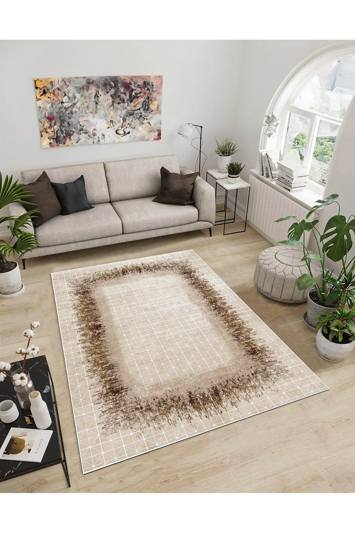 Shine M(54) Vizon Saçaksız Kaymaz Tabanlı Dijital Baskılı Dekoratif Halı 180x250