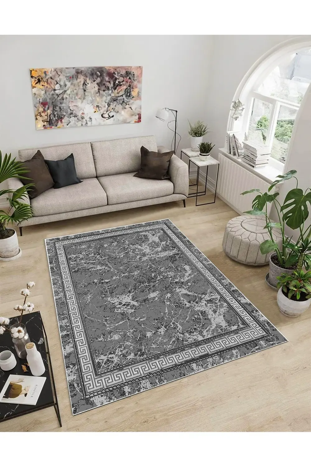 Shine M(61) Gri Saçaksız Kaymaz Tabanlı Dijital Baskılı Dekoratif