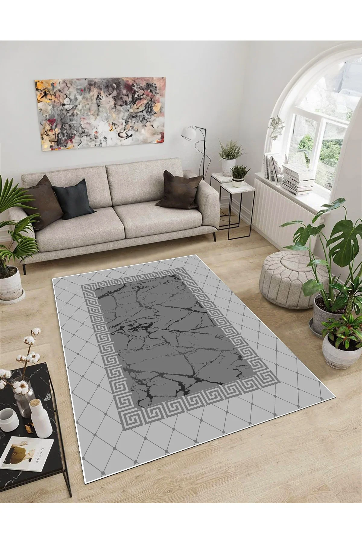 Shine M(63) Gri Saçaksız Kaymaz Tabanlı Dijital Baskılı Dekoratif Halı 200x200