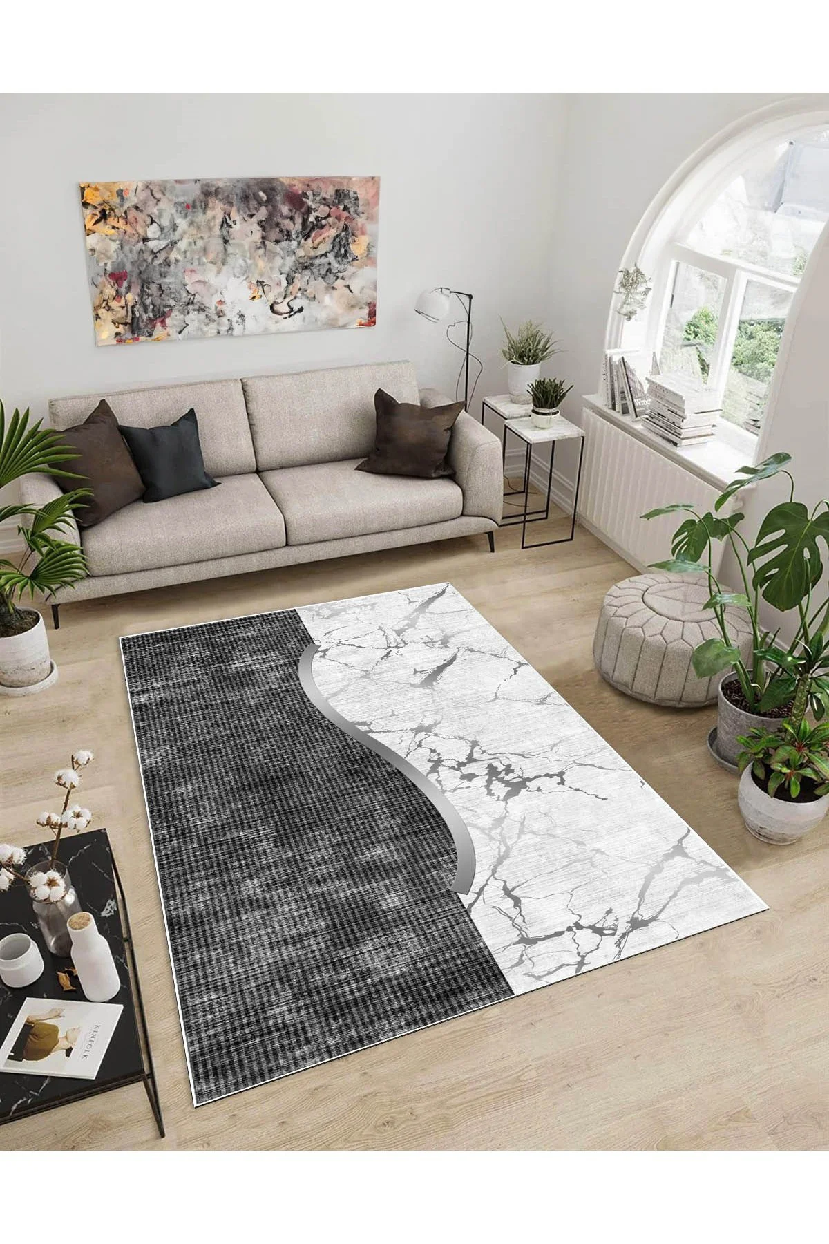 Shine M(64) Antrasit Saçaksız Kaymaz Tabanlı Dijital Baskılı Dekoratif Halı 160x250